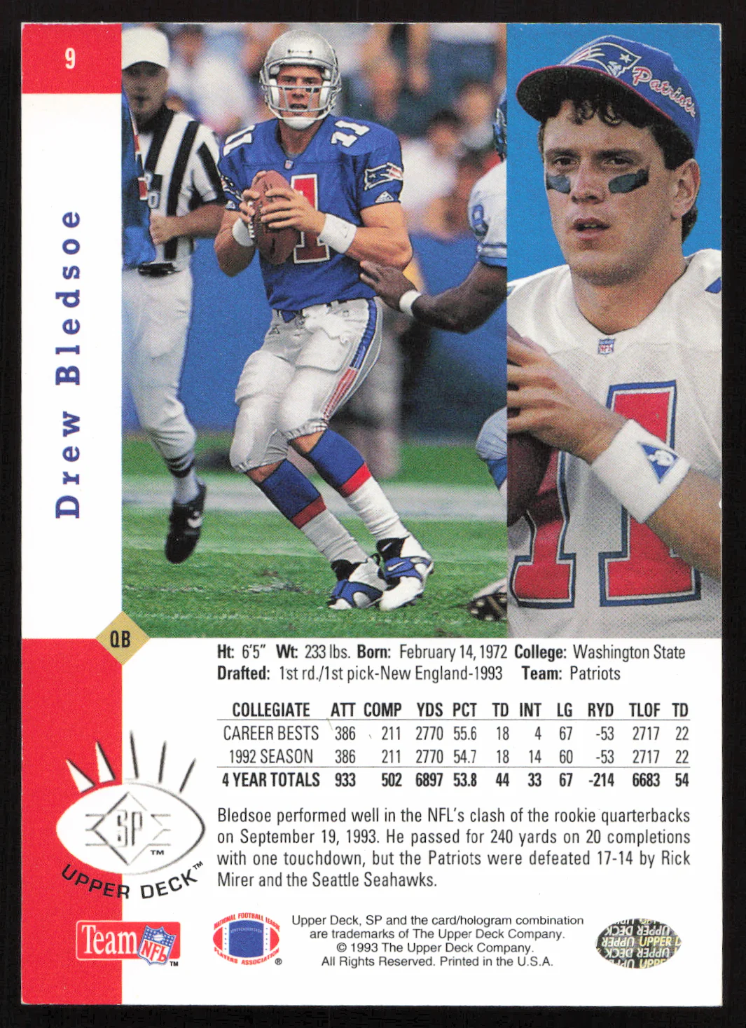 Drew Bledsoe Autographed 1993 Upper Deck SP Rookie Card #9 New England Patriots SKU #260590 - Image 2