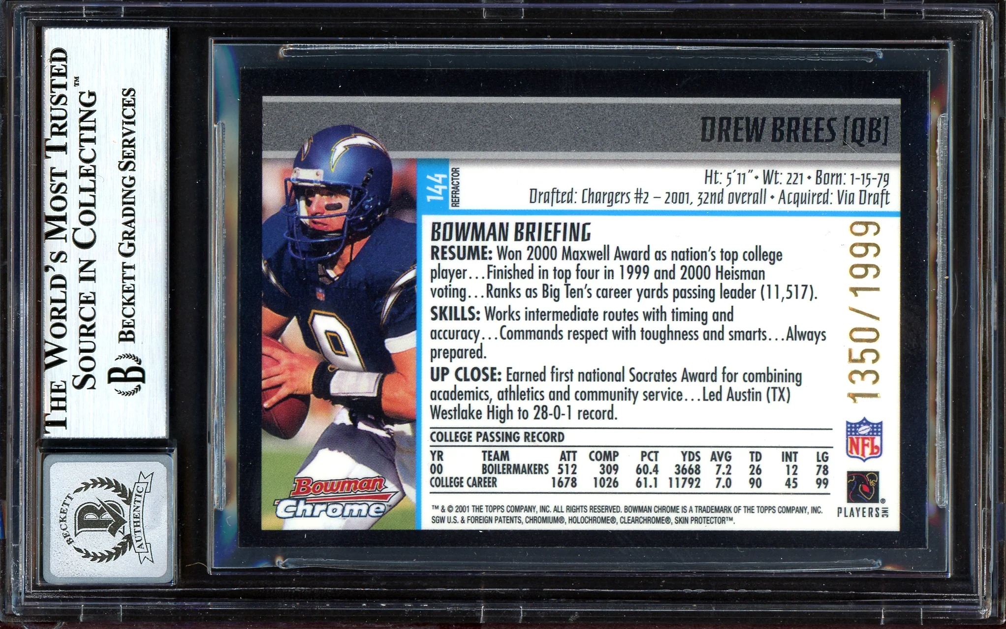 Drew Brees Autographed 2001 Bowman Chrome Refractor Rookie Card #144 San Diego Chargers Auto Grade Gem Mint 10 #1350/1999 Beckett BAS #13604568 - Image 2