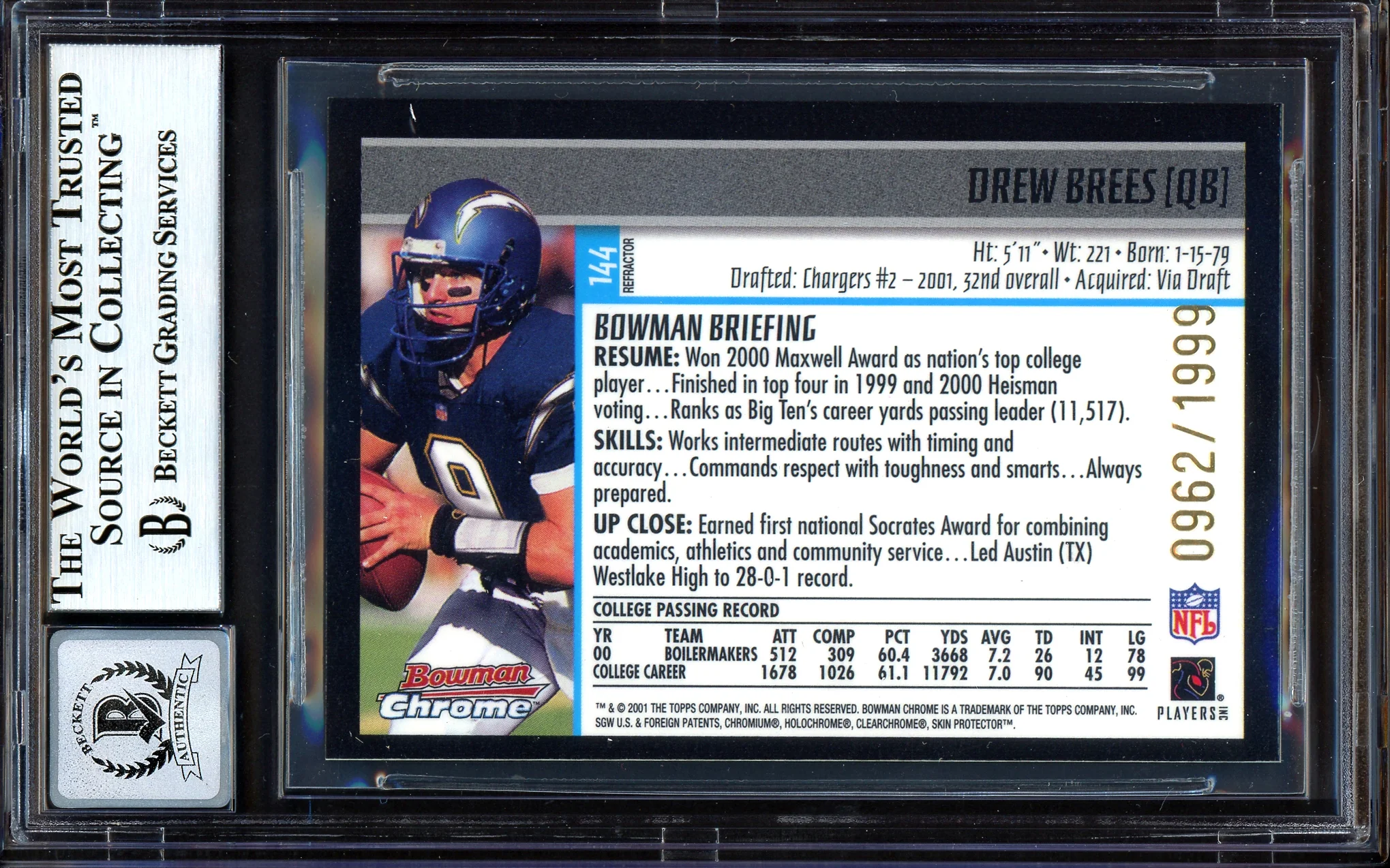 Drew Brees Autographed 2001 Bowman Chrome Refractor Rookie Card #144 San Diego Chargers Auto Grade Gem Mint 10 #962/1999 Beckett BAS #13604570 - Image 2
