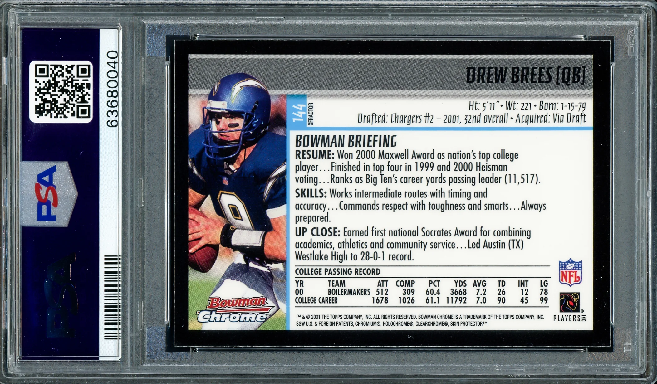 Drew Brees Autographed 2001 Bowman Chrome XFractor Rookie Card #144 New Orleans Saints PSA 8 Auto Grade Gem Mint 10 PSA/DNA #63680040 - Image 2