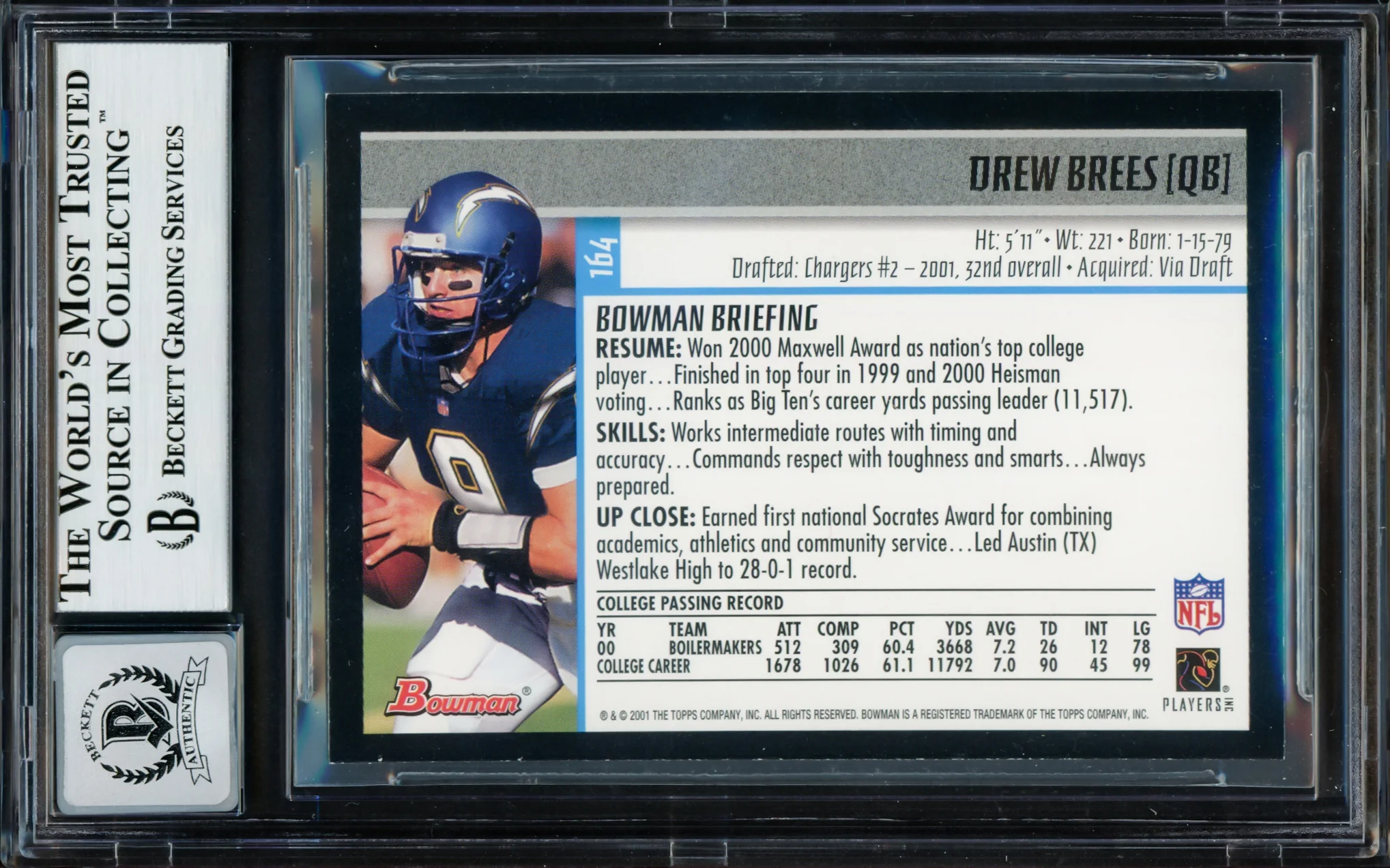 Drew Brees Autographed 2001 Bowman Rookie Card #164 San Diego Chargers Auto Grade Gem Mint 10 Beckett BAS Stock #220323 - Image 2