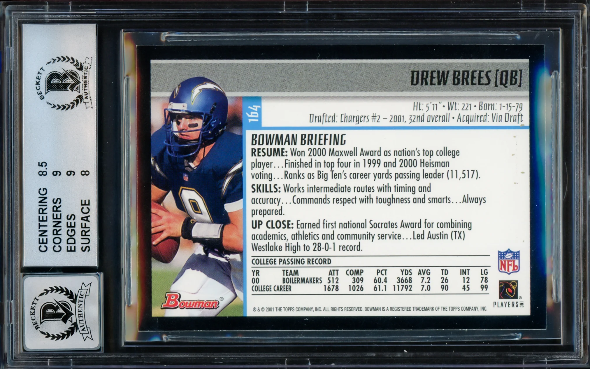 Drew Brees Autographed 2001 Bowman Rookie Card #164 San Diego Chargers BGS 8.5 Auto Grade Gem Mint 10 Beckett BAS #15681835 - Image 2