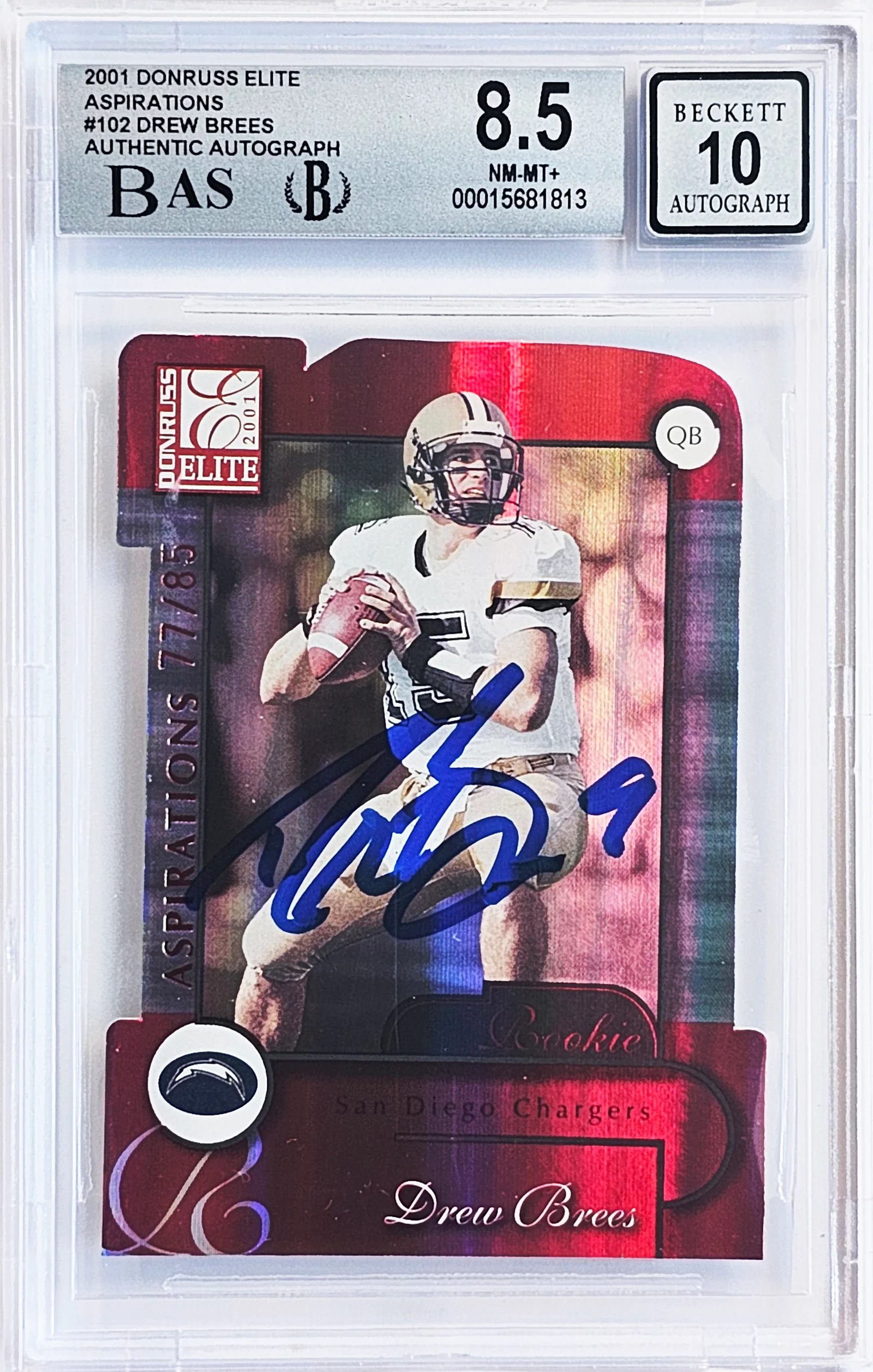 Drew Brees Autographed 2001 Donruss Elite Aspirations Rookie Card #102 San Diego Chargers BGS 8.5 Auto Grade Gem Mint 10 #77/85 Beckett BAS #15681813 - Image 2