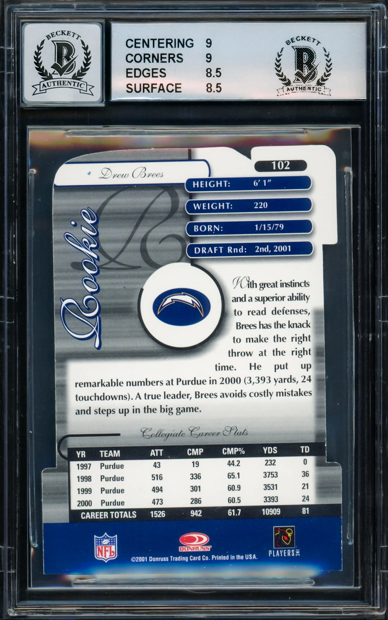 Drew Brees Autographed 2001 Donruss Elite Aspirations Rookie Card #102 San Diego Chargers BGS 8.5 Auto Grade Gem Mint 10 #77/85 Beckett BAS #15681813 - Image 4