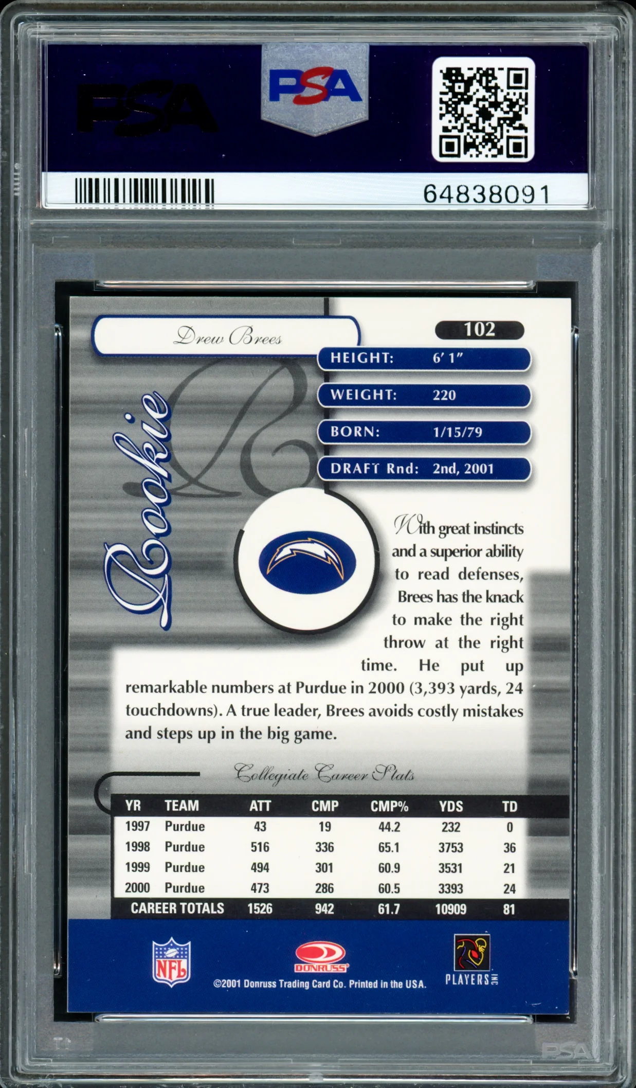 Drew Brees Autographed 2001 Donruss Elite Rookie Card #102 New Orleans Saints Auto Grade Gem Mint 10 #116/500 PSA/DNA #64838091 - Image 4