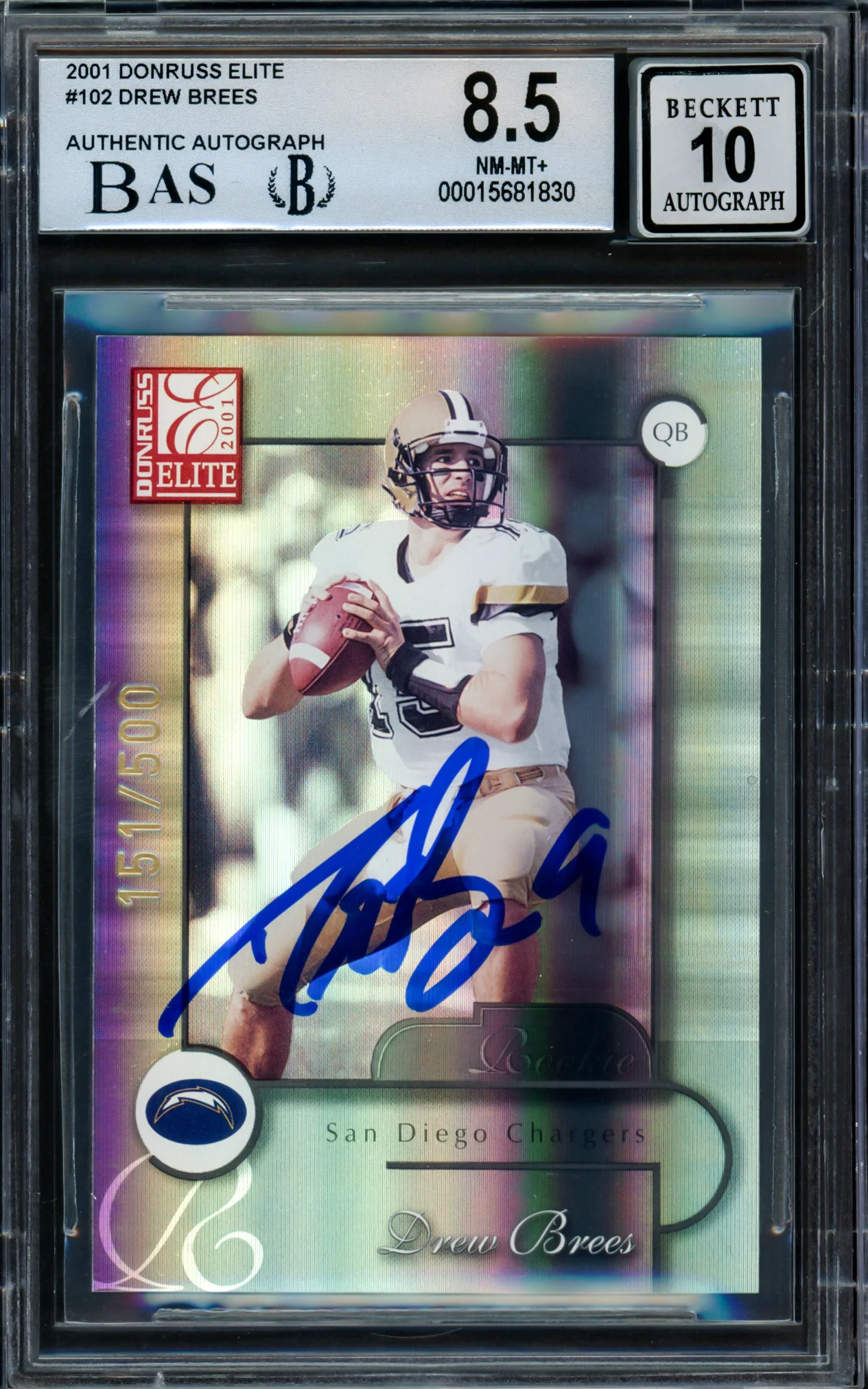 Drew Brees Autographed 2001 Donruss Elite Rookie Card #102 San Diego Chargers BGS 8.5 Auto Grade Gem Mint 10 #151/500 Beckett BAS #15681830 - Image 2