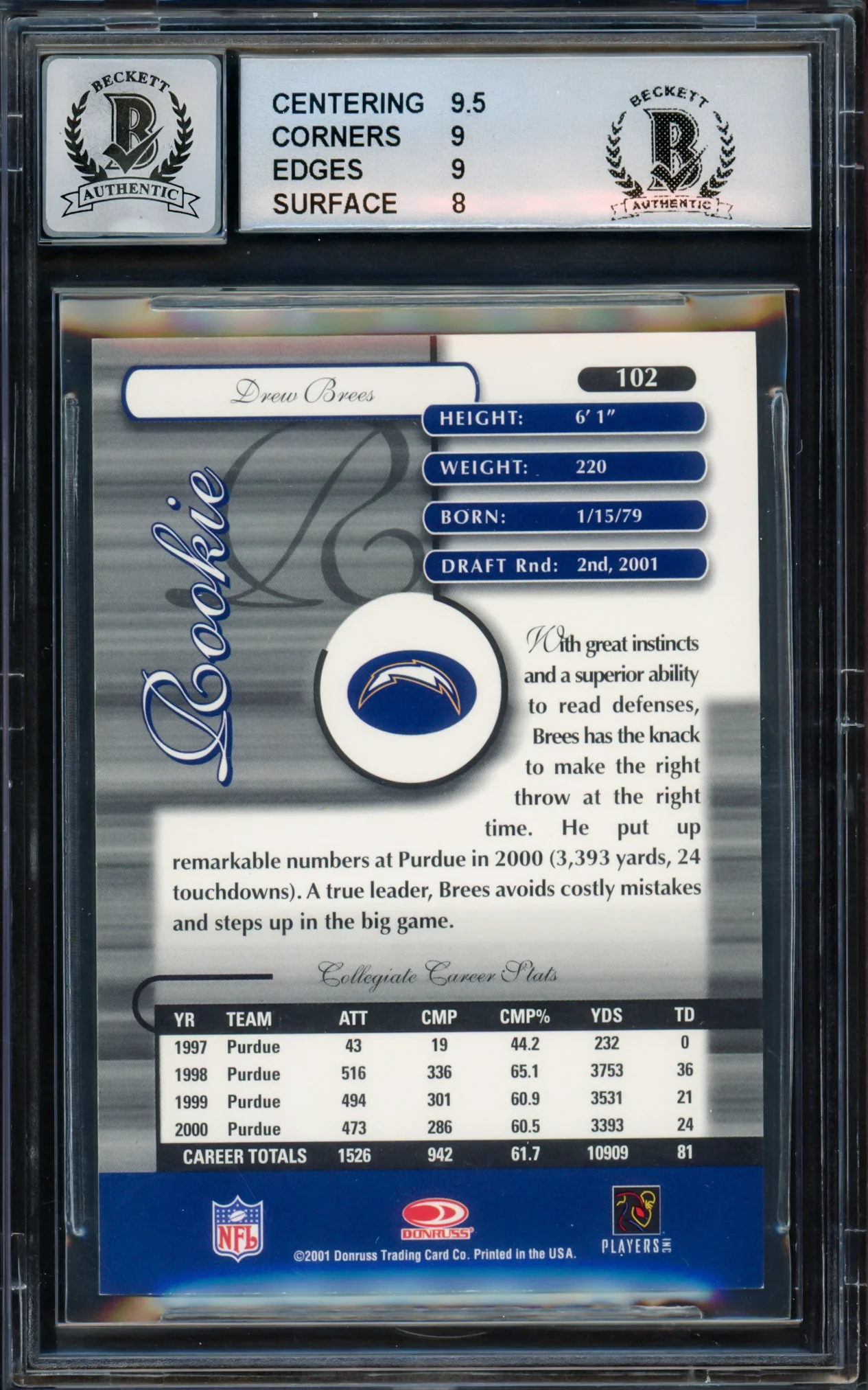 Drew Brees Autographed 2001 Donruss Elite Rookie Card #102 San Diego Chargers BGS 8.5 Auto Grade Gem Mint 10 #151/500 Beckett BAS #15681830 - Image 4