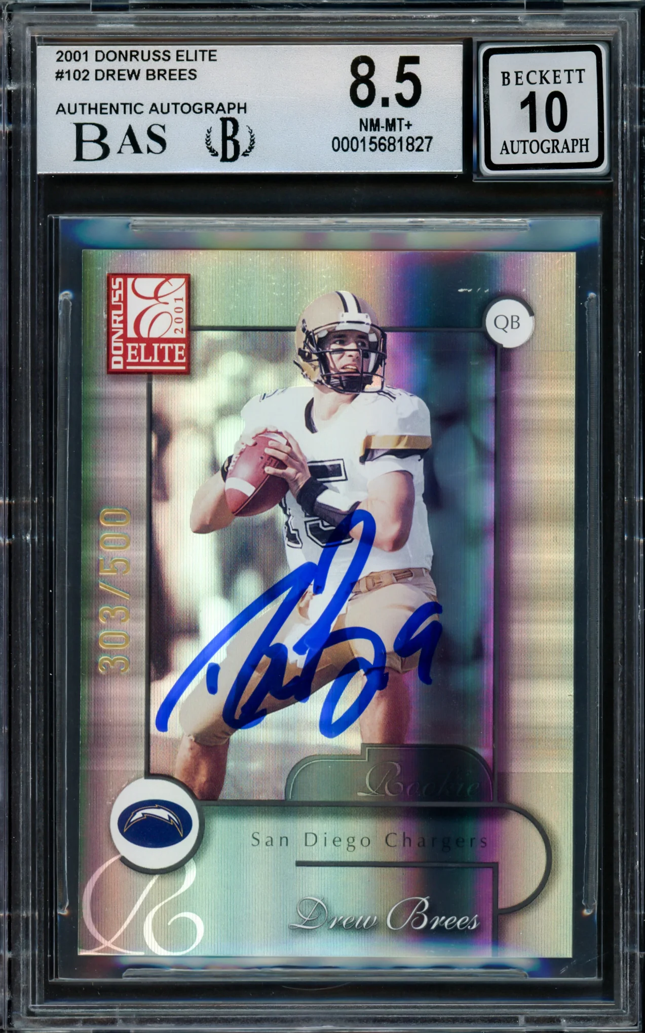 Drew Brees Autographed 2001 Donruss Elite Rookie Card #102 San Diego Chargers BGS 8.5 Auto Grade Gem Mint 10 #303/500 Beckett BAS #15681827 - Image 2