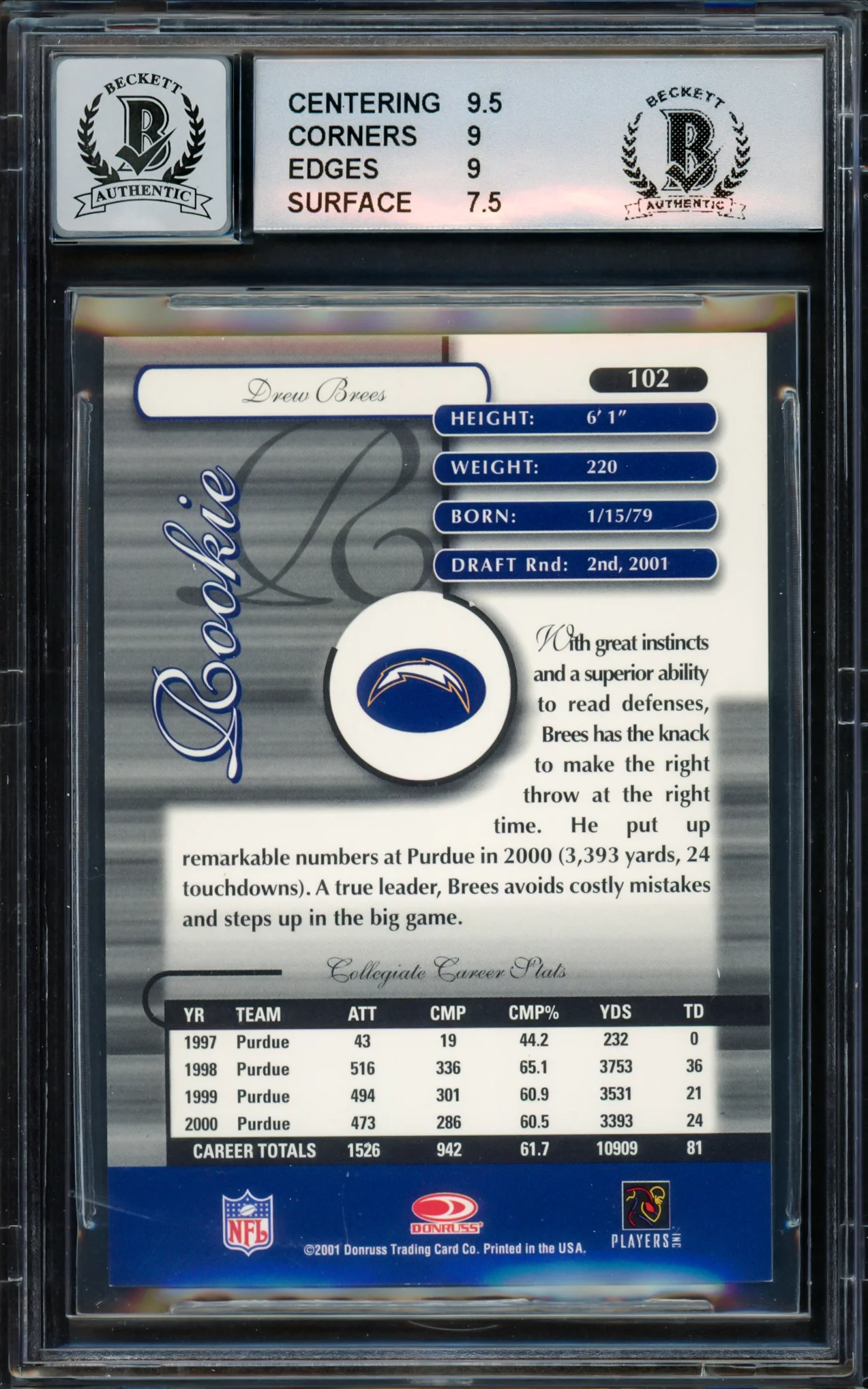 Drew Brees Autographed 2001 Donruss Elite Rookie Card #102 San Diego Chargers BGS 8.5 Auto Grade Gem Mint 10 #303/500 Beckett BAS #15681827 - Image 4
