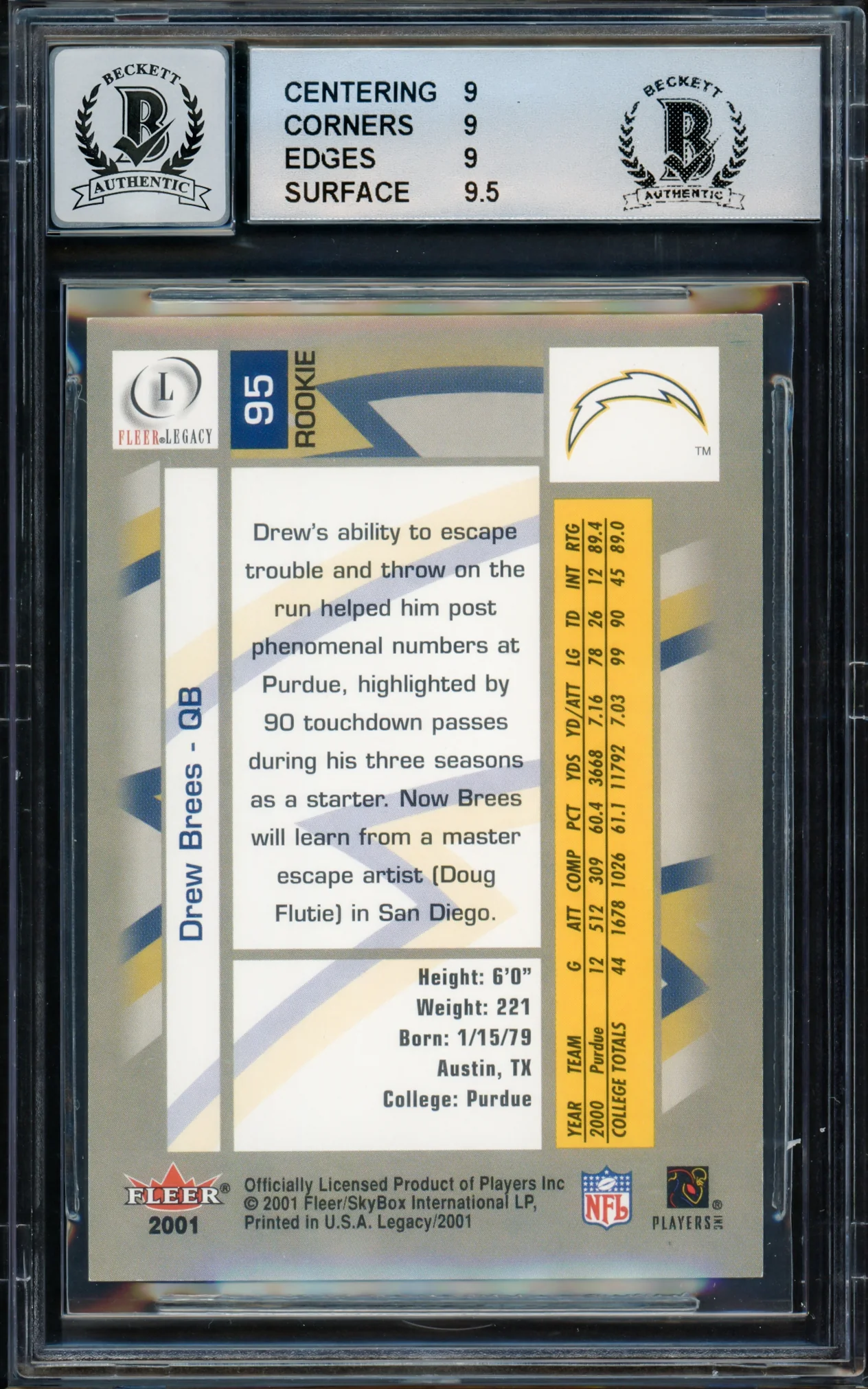 Drew Brees Autographed 2001 Fleer Legacy Rookie Card #95 San Diego Chargers BGS 9 Auto Grade Gem Mint 10 #426/999 Beckett BAS #15681822 - Image 2