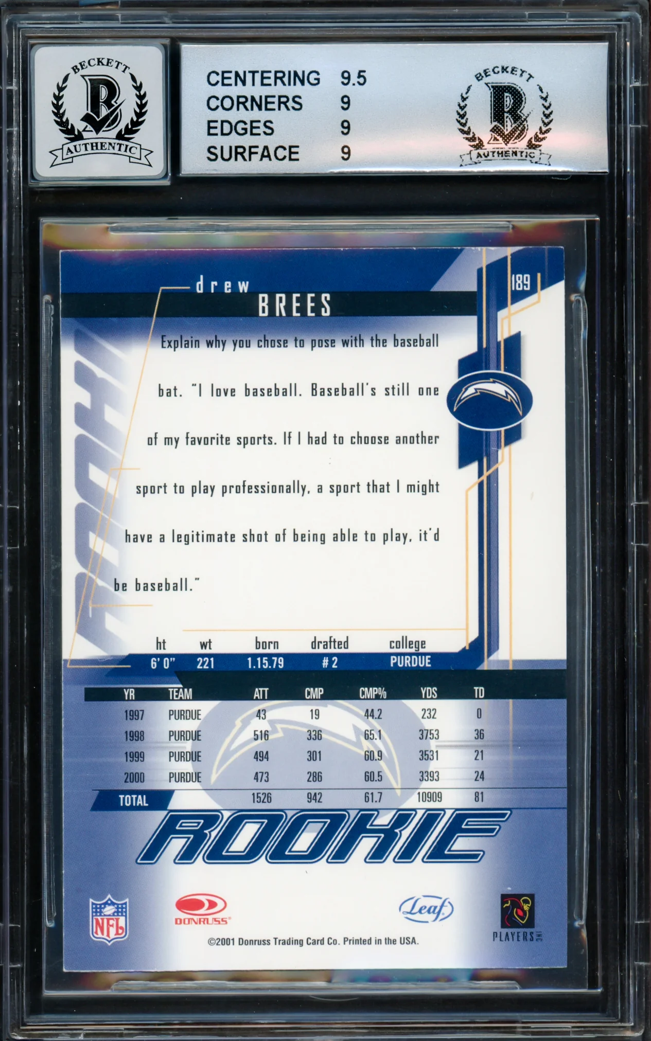 Drew Brees Autographed 2001 Leaf Rookies & Stars Rookie Card #189 San Diego Chargers BGS 9 Auto Grade Gem Mint 10 Beckett BAS #15681823 - Image 2