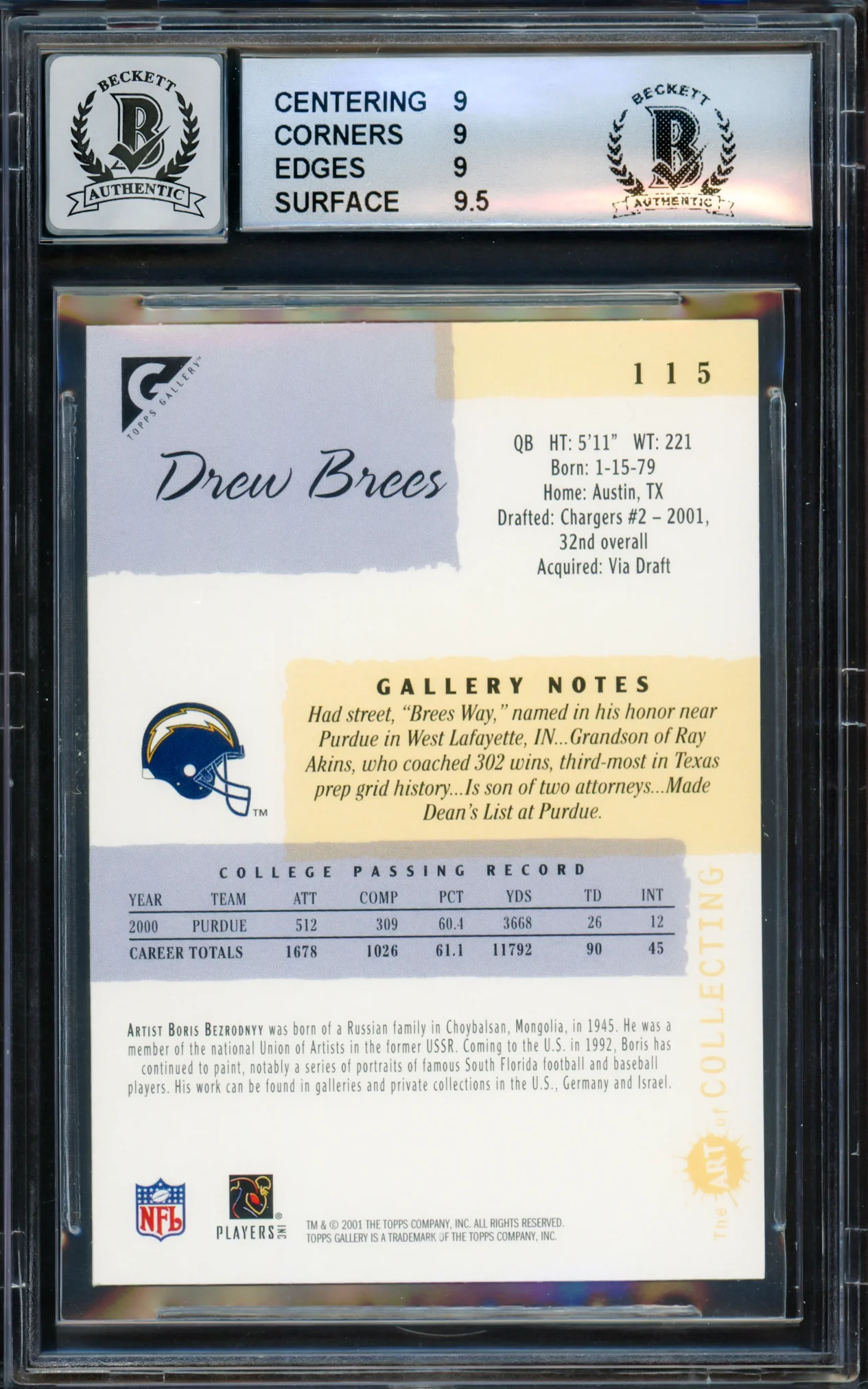 Drew Brees Autographed 2001 Topps Gallery Rookie Card #115 San Diego Chargers BGS 9 Auto Grade Gem Mint 10 Beckett BAS #15681816 - Image 2