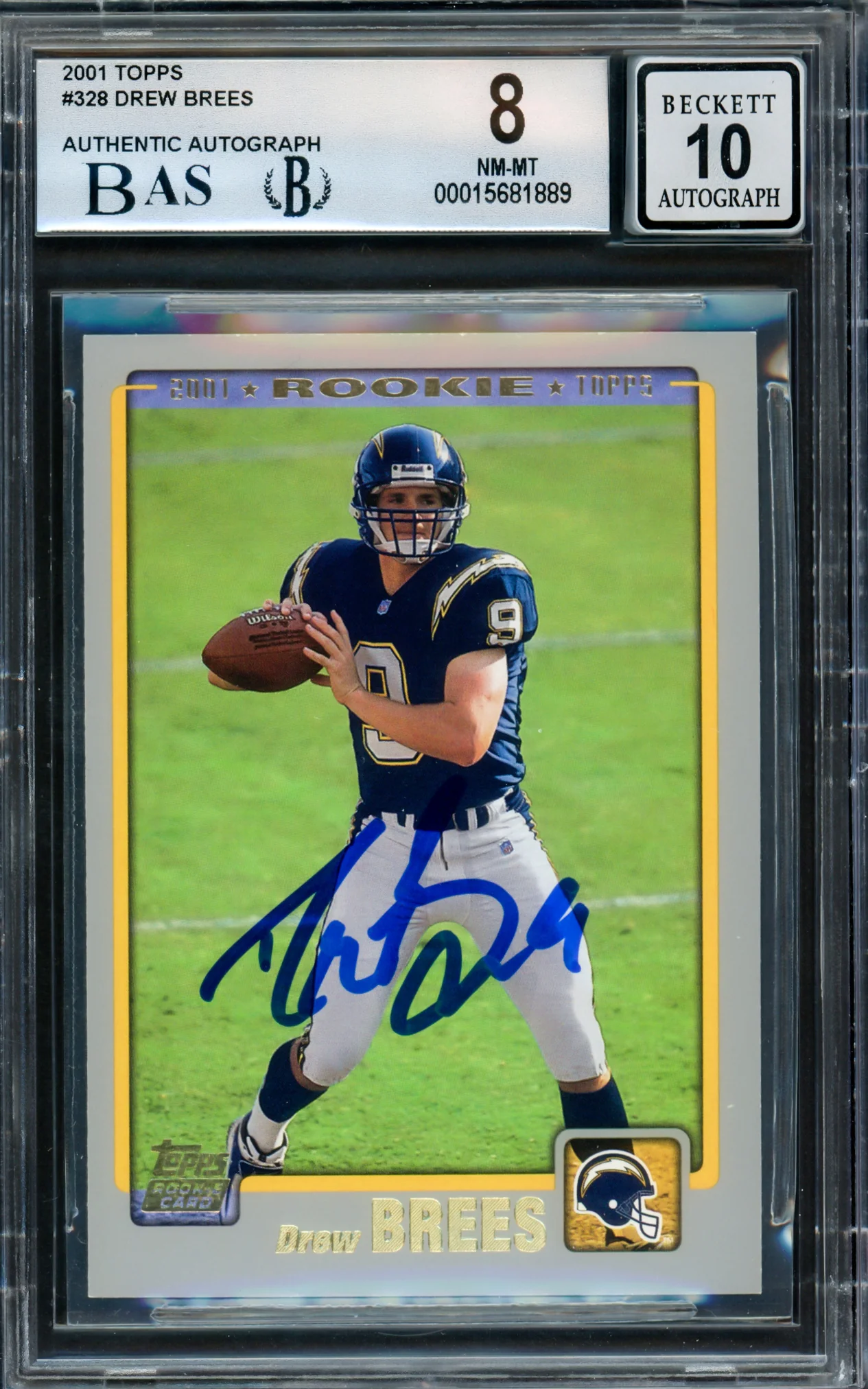 Drew Brees Autographed 2001 Topps Rookie Card #328 San Diego Chargers BGS 8 Auto Grade Gem Mint 10 Beckett BAS Stock #216468