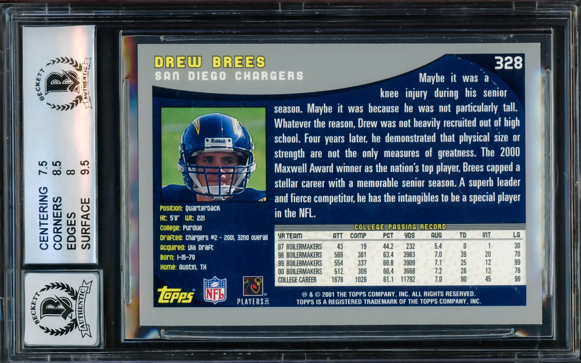 Drew Brees Autographed 2001 Topps Rookie Card #328 San Diego Chargers BGS 8 Auto Grade Gem Mint 10 Beckett BAS Stock #216468 - Image 2