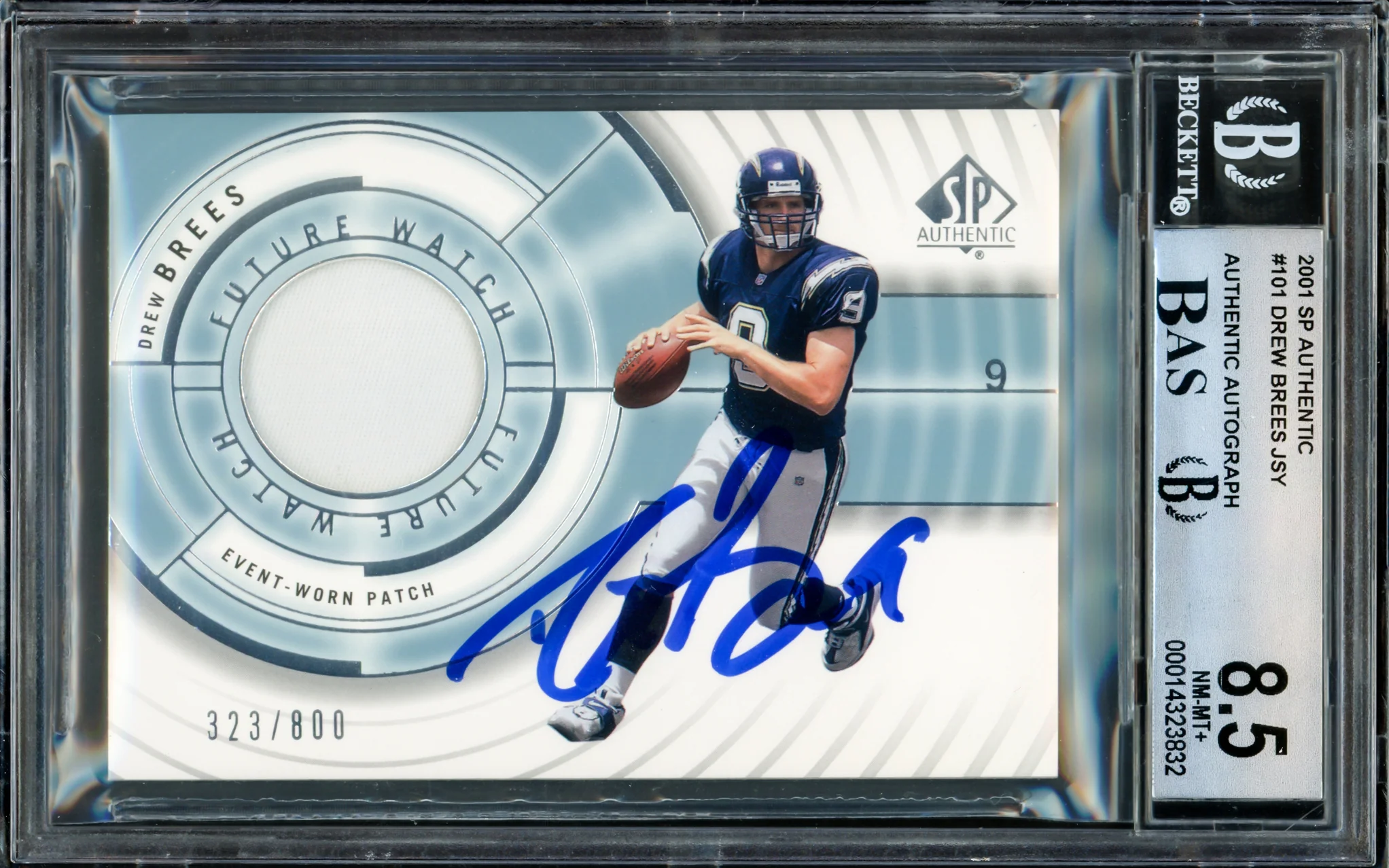 Drew Brees Autographed 2001 Upper Deck SP Authentic Rookie Card New Orleans Saints BGS 8.5 Auto Grade Gem Mint 10 Event Worn Patch Beckett BAS #14323832