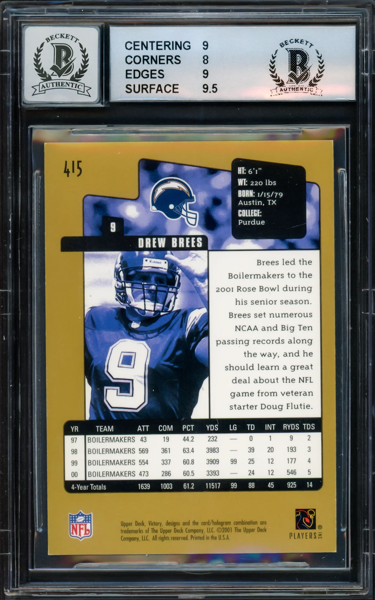 Drew Brees Autographed 2001 Upper Deck Victory Gold Rookie Card #415 San Diego Chargers BGS 8.5 Auto Grade Gem Mint 10 Beckett BAS #15681814 - Image 2