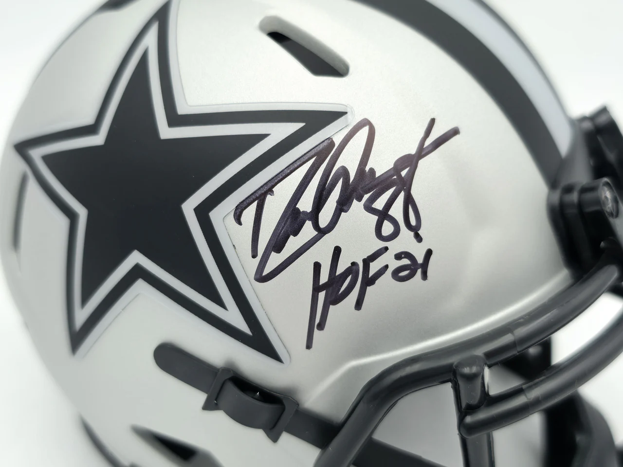 Drew Pearson Autographed Dallas Cowboys Rave Silver Speed Mini Helmet "HOF 21" Beckett BAS QR Stock #261895 - Image 2