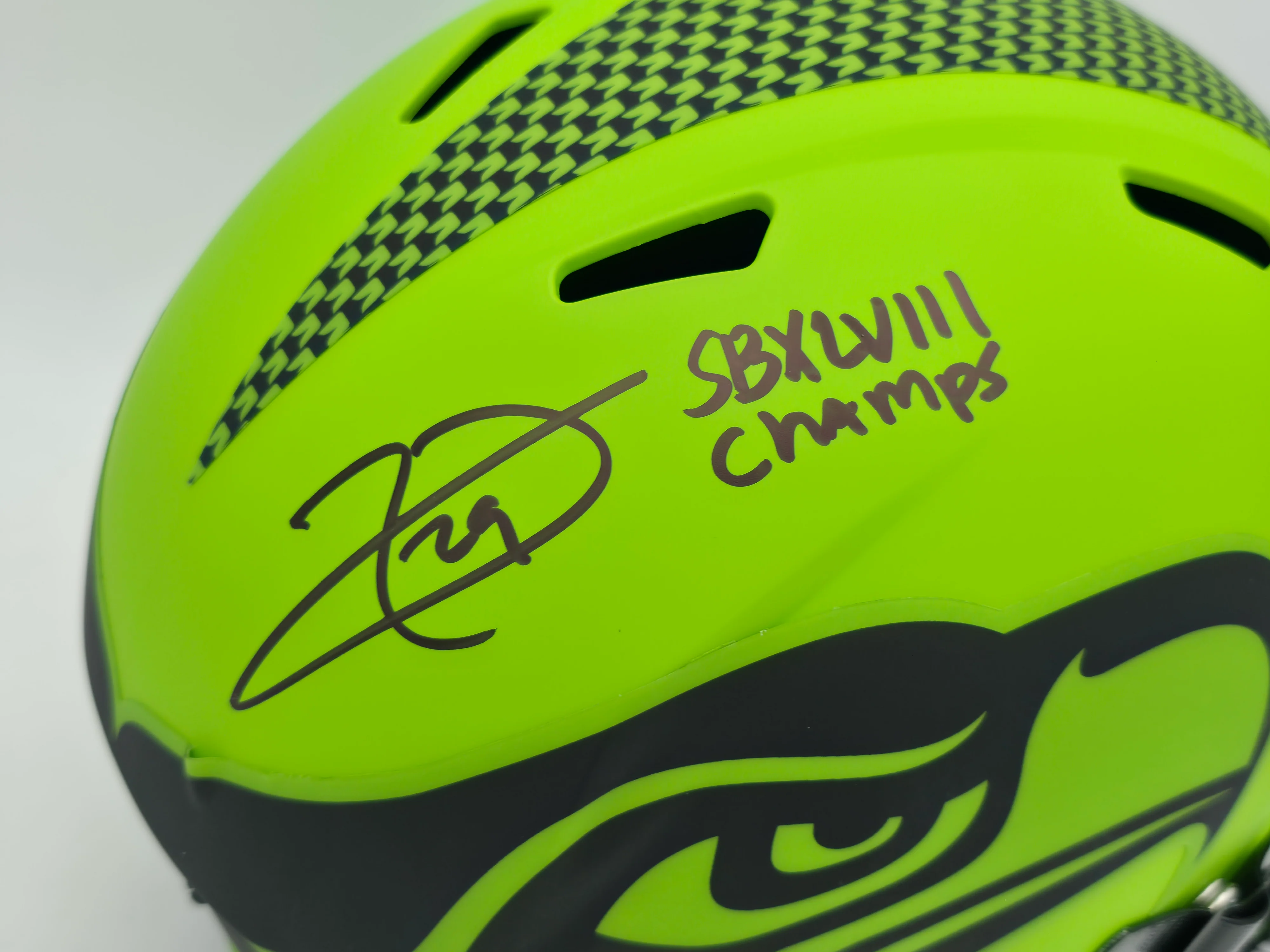Earl Thomas III Autographed Seattle Seahawks Rave Green Full Size Replica Speed Helmet "SB XLVIII Champs" Beckett BAS Witness Stock #262441 - Image 2