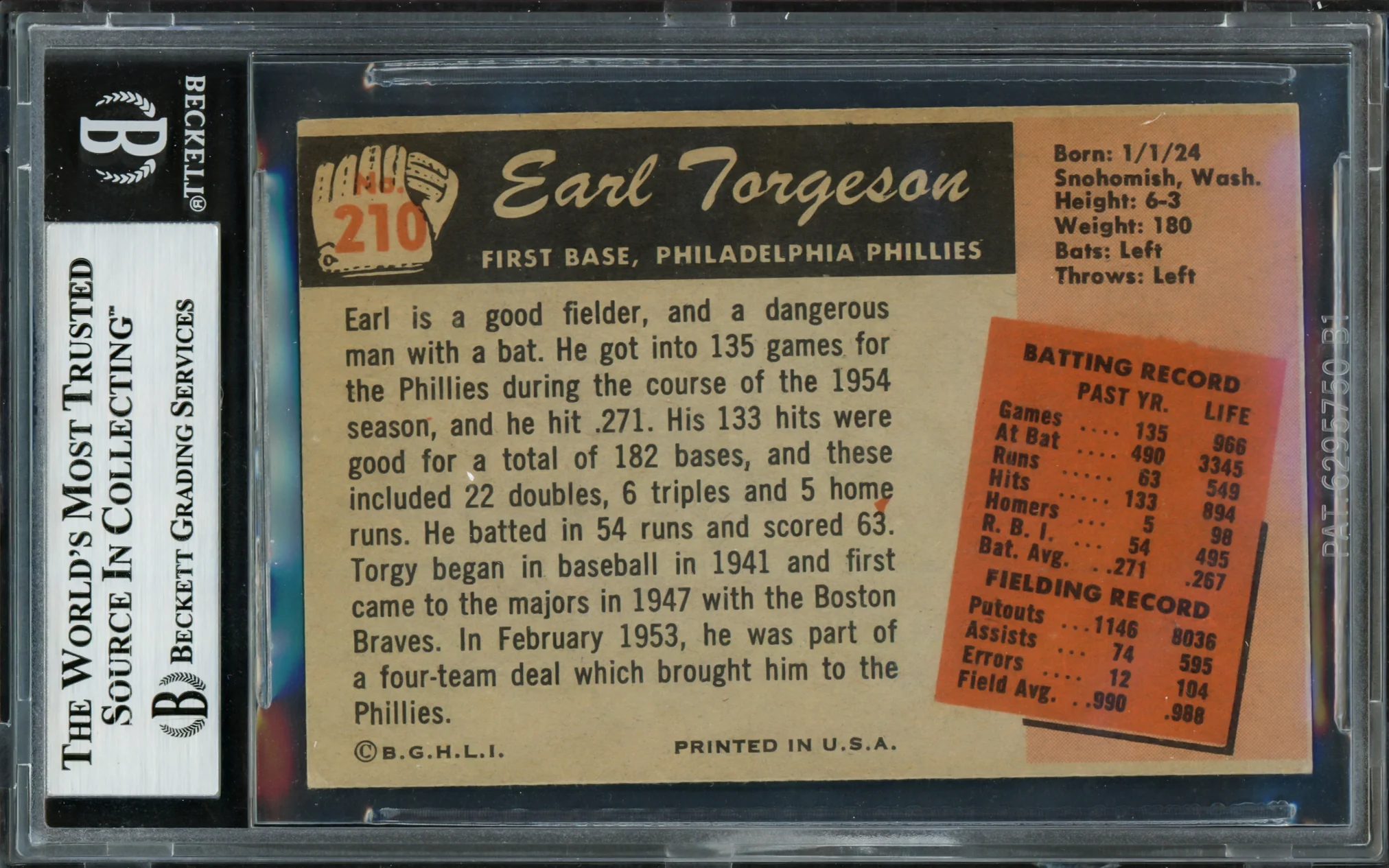 Earl Torgeson Autographed 1955 Bowman Card #210 Philadelphia Phillies Beckett BAS #16856974 - Image 4