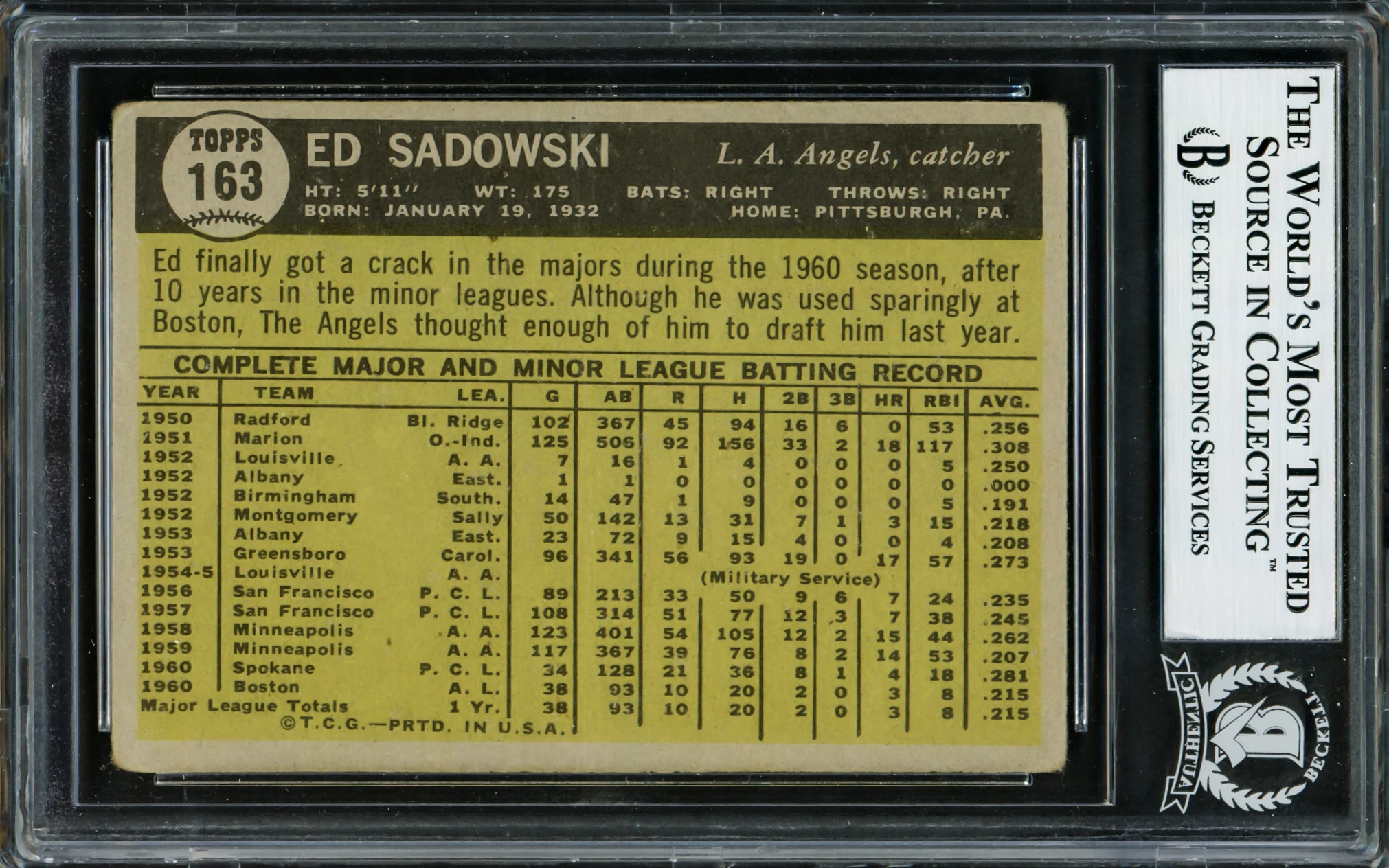 Ed Sadowski Autographed 1961 Topps Card #163 Los Angeles Angels Beckett BAS #12305974 - Image 2
