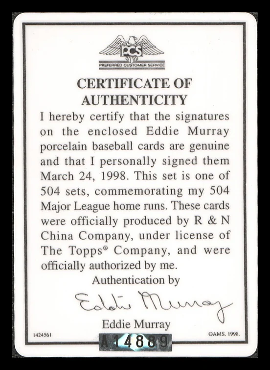 Eddie Murray Autographed Porcelain Baseball Card Set Baltimore Orioles "ROY 77, 81 HRC & 504 HR" With 3 Signed Cards #21/504 Signature Series #A14889 - Image 5