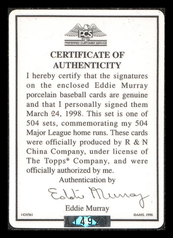 Eddie Murray Autographed Porcelain Baseball Card Set Baltimore Orioles "ROY 77, 81 HRC & 504 HR" With 3 Signed Cards #54/504 Signature Series #A14921 - Image 5