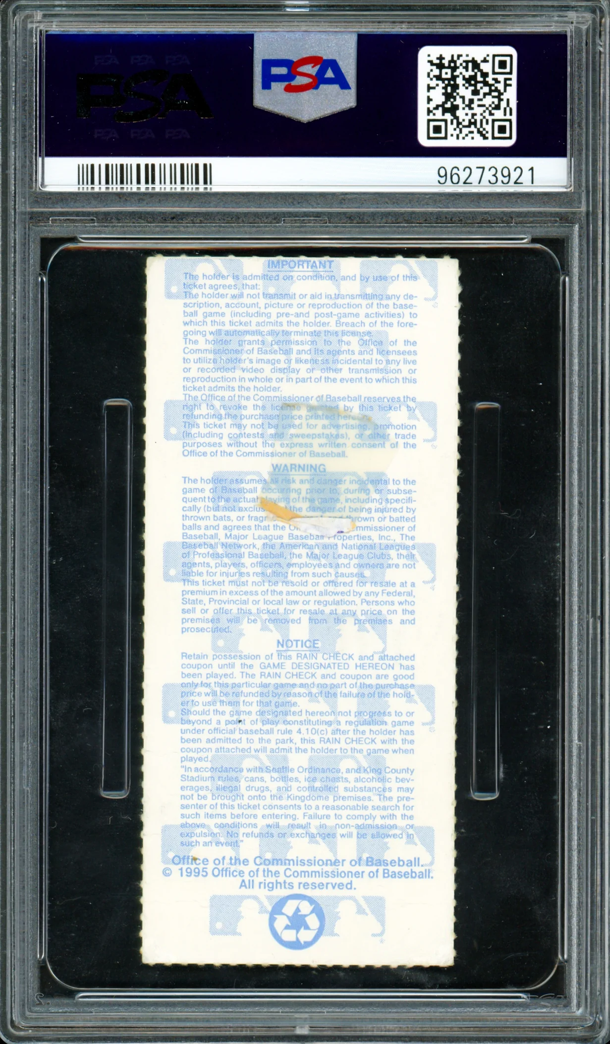 Edgar Martinez & Ken Griffey Jr Autographed 1995 ALDS Game 5 Ticket 10/8/1995 Seattle Mariners PSA 1.5 Auto Grade Mint 9 PSA/DNA #96273921 - Image 2