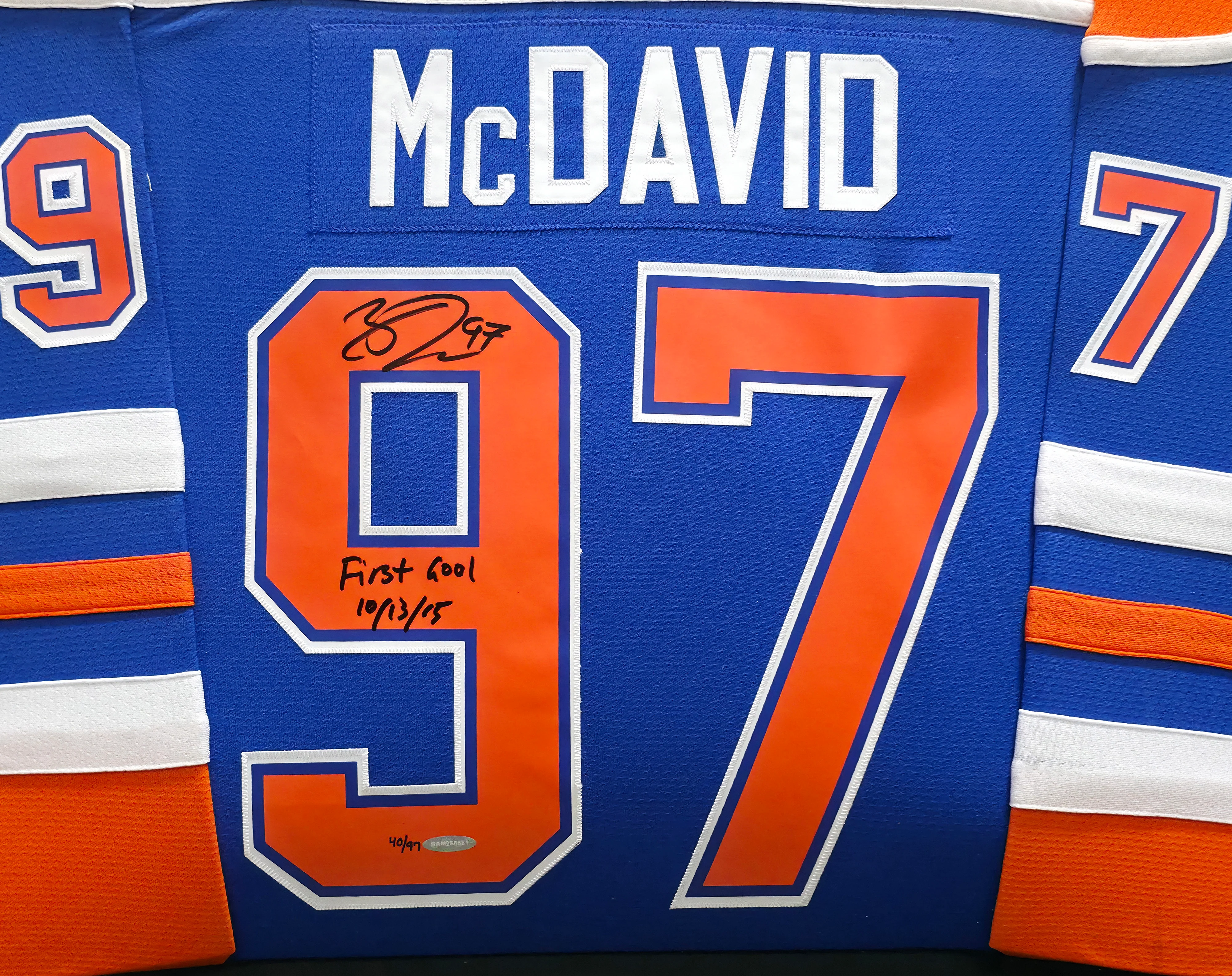 Edmonton Oilers Connor McDavid Autographed Framed 2015 Alternate Blue Authentic Mitchell & Ness Jersey "1st Goal 10/13/15" #/97 UDA Holo Stock #249483 - Image 3