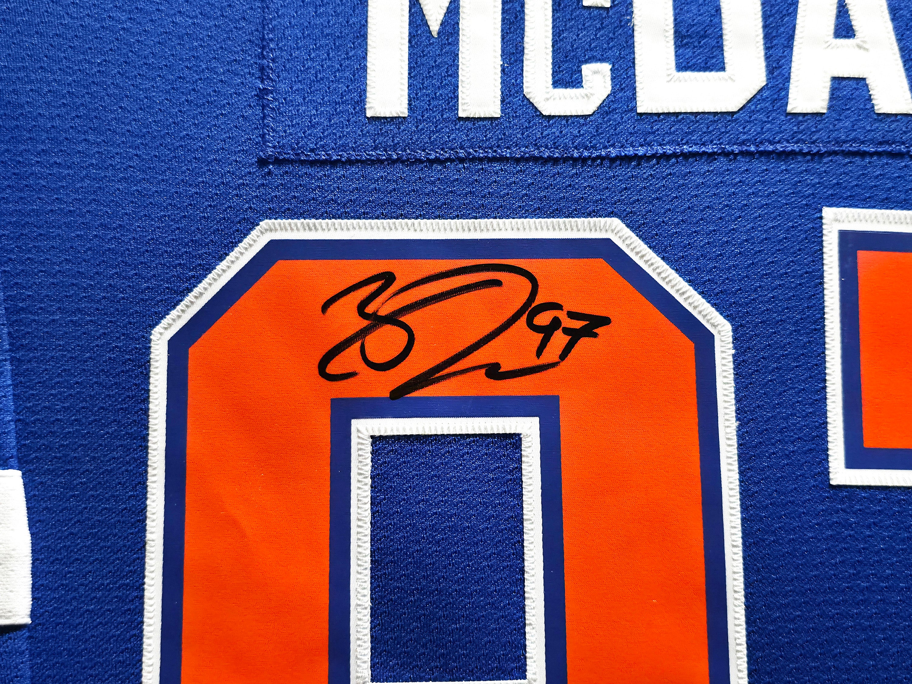 Edmonton Oilers Connor McDavid Autographed Framed 2015 Alternate Blue Authentic Mitchell & Ness Jersey "1st Goal 10/13/15" #/97 UDA Holo Stock #249483 - Image 4