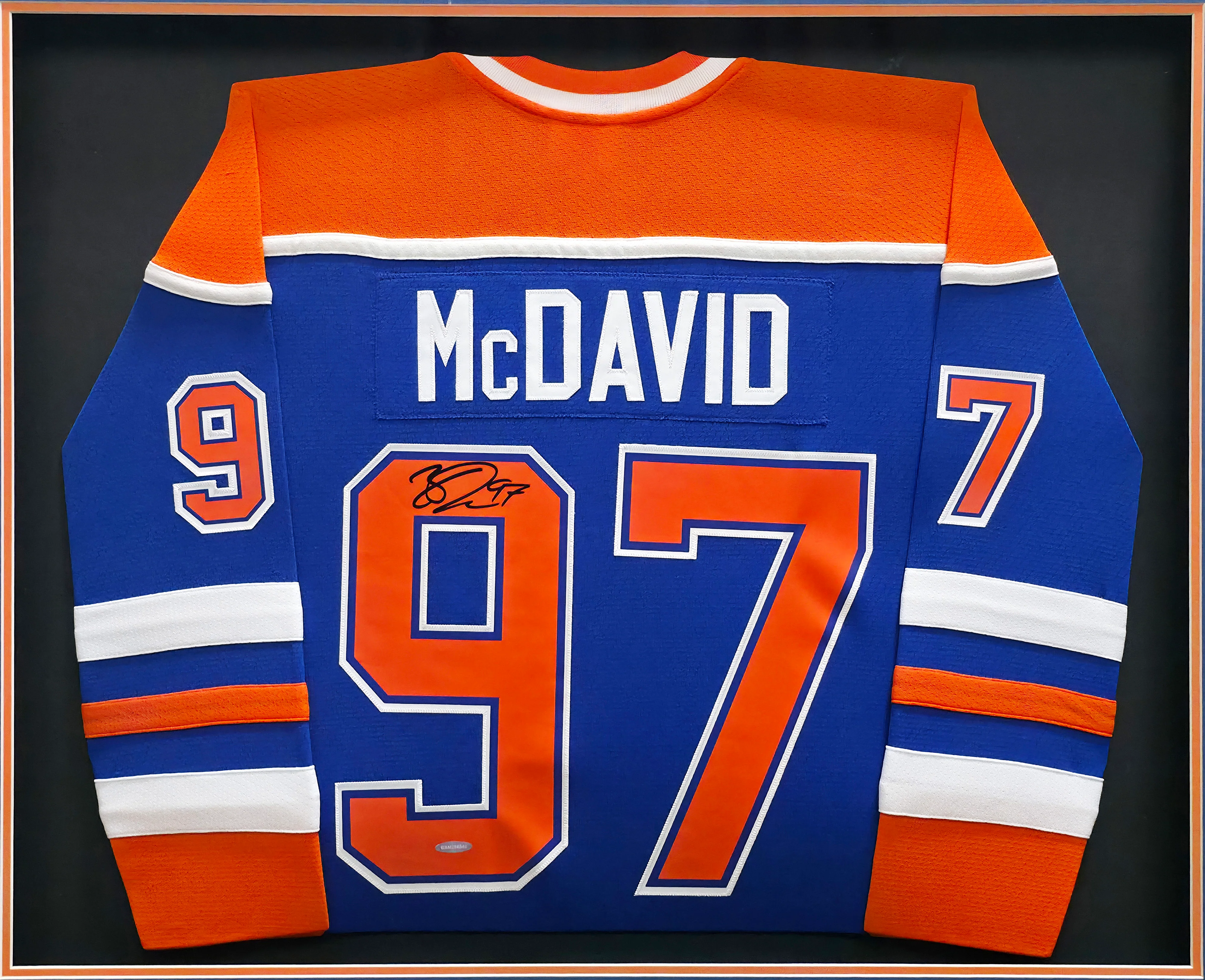 Edmonton Oilers Connor McDavid Autographed Framed Blue & Orange Jersey UDA Holo #BAM256540 - Image 2