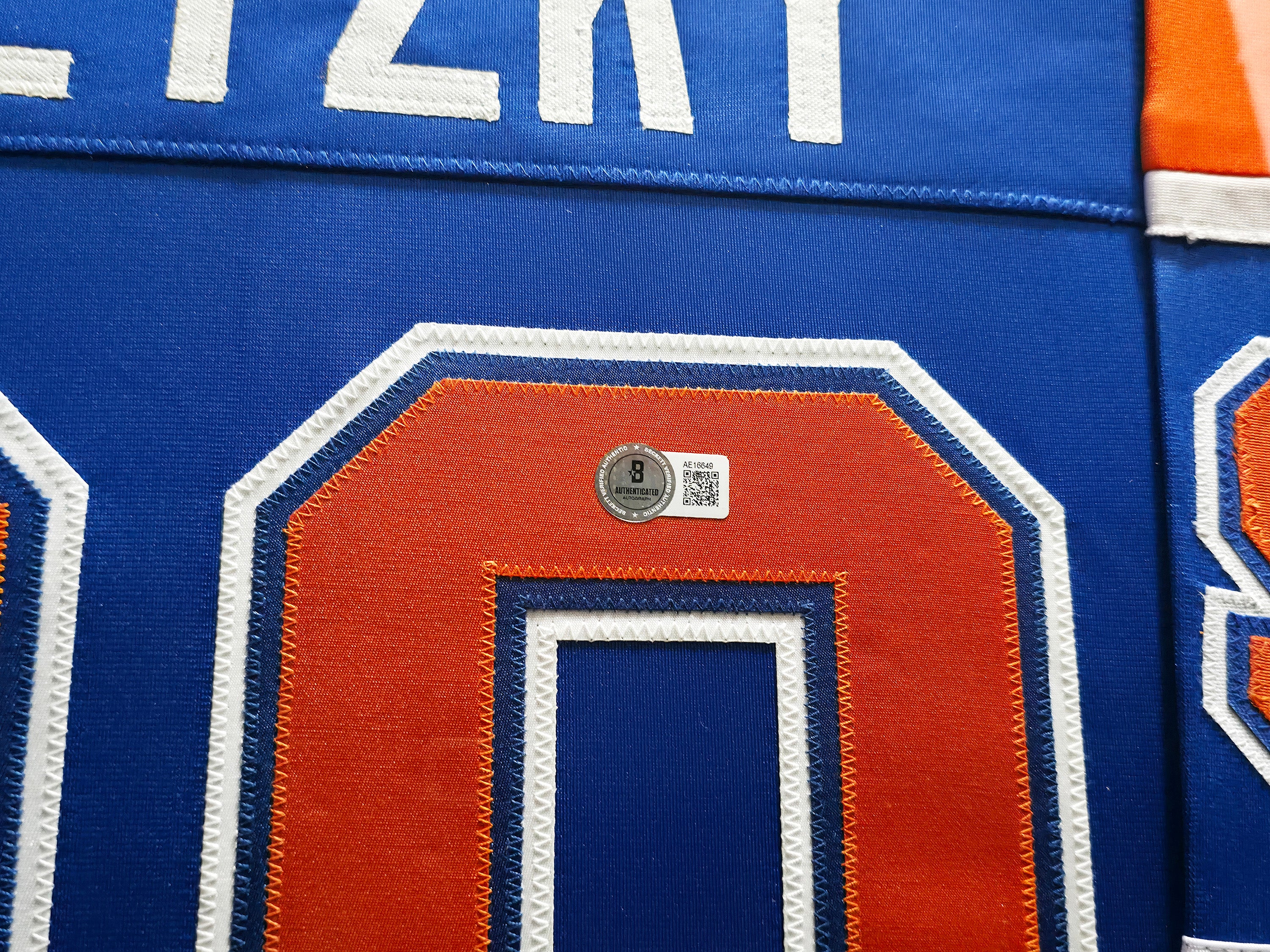 Edmonton Oilers Wayne Gretzky Autographed Framed Blue & Orange Jersey Beckett BAS QR Stock #254312 - Image 4