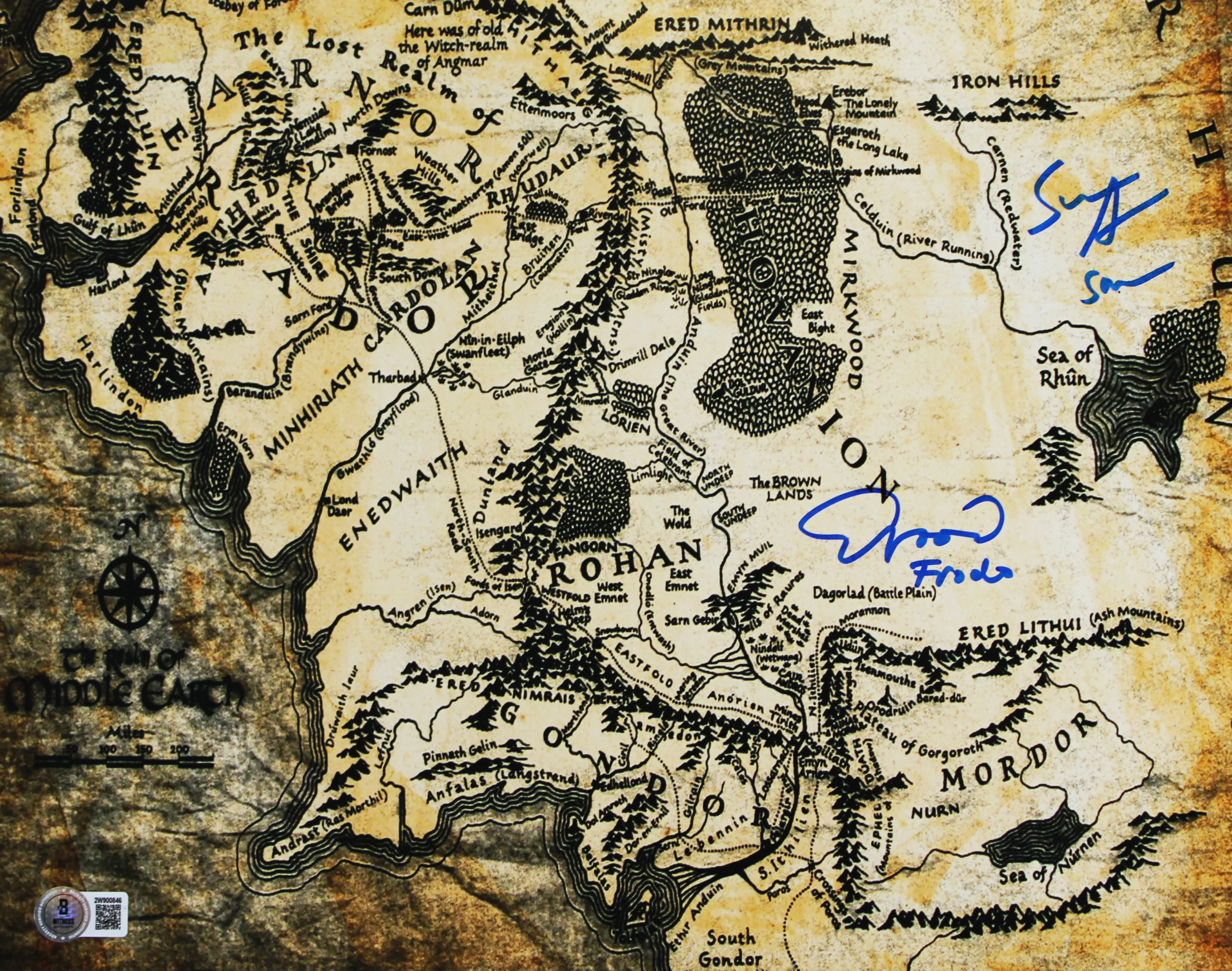 Elijah Wood & Sean Astin LOTR Signed 11x14 Middle Earth Map Photo BAS Witness 1 - Image 2