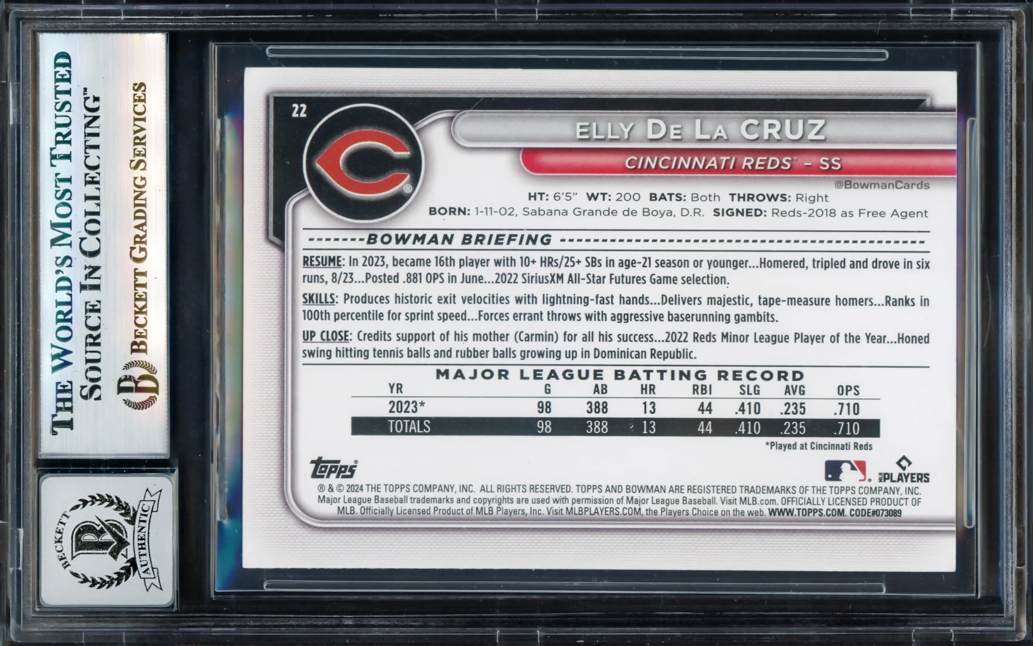 Elly De La Cruz Autographed 2024 Bowman Rookie Card #22 Cincinnati Reds Auto Grade Gem Mint 10 Beckett BAS Stock #239930 - Image 2