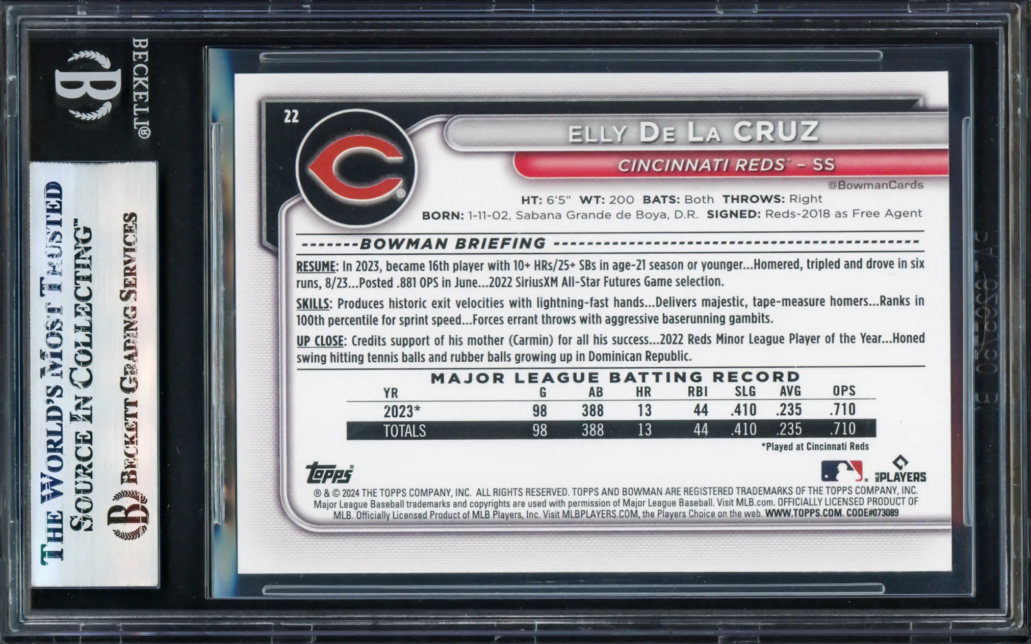 Elly De La Cruz Autographed 2024 Bowman Rookie Card #22 Cincinnati Reds Beckett BAS Stock #239925 - Image 2