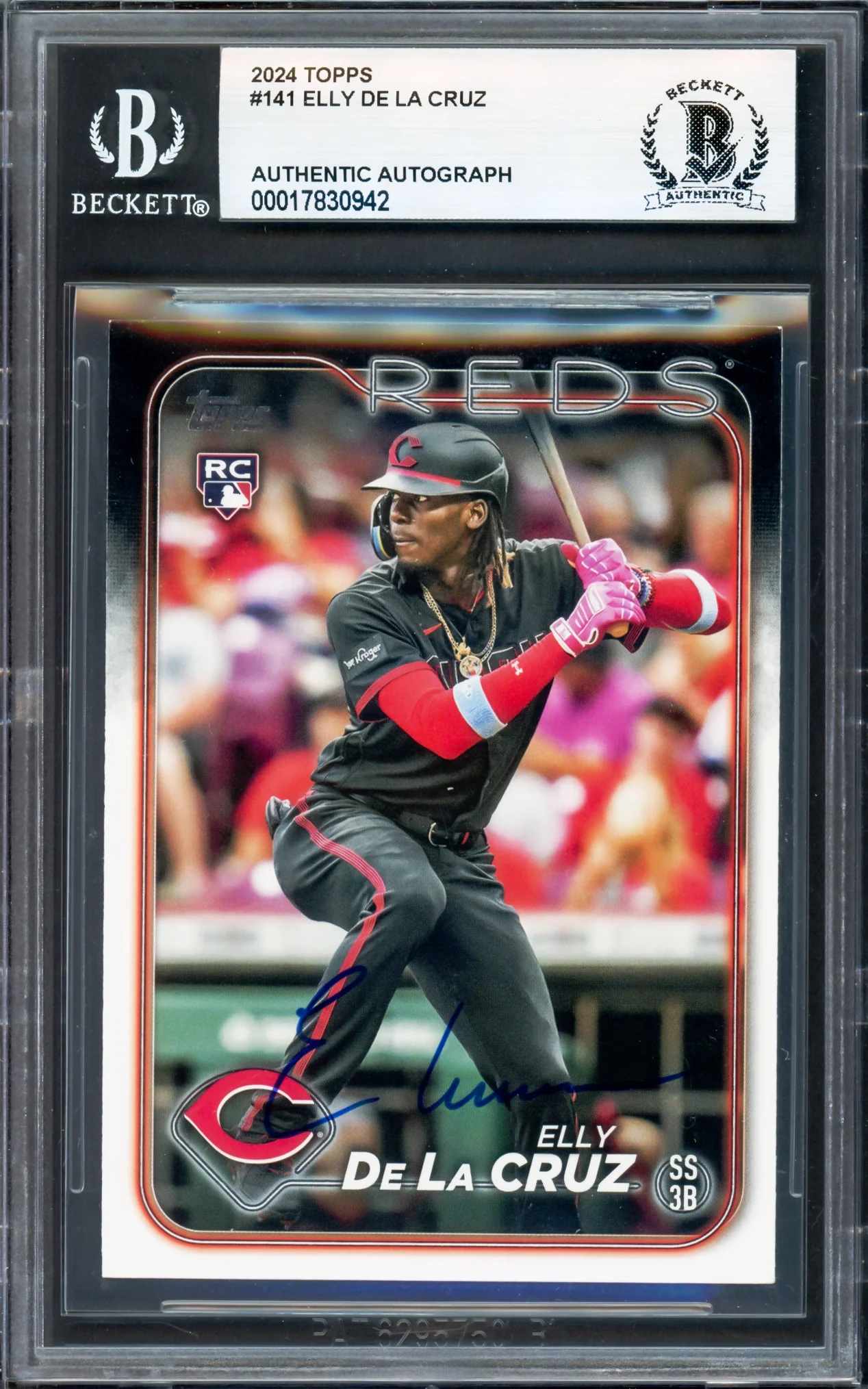 Elly De La Cruz Autographed 2024 Topps Rookie Card #141 Cincinnati Reds Beckett BAS Stock #239926