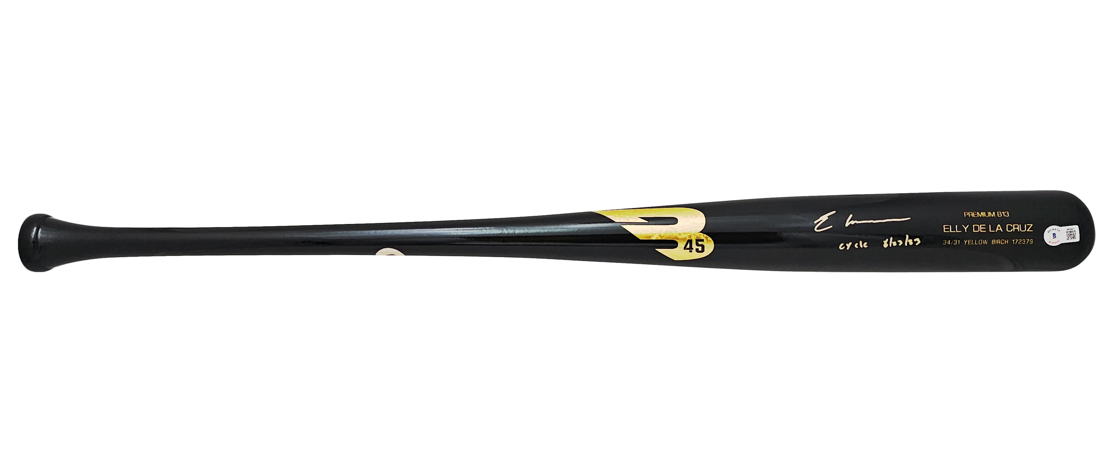Elly De La Cruz Autographed Black B45 Player Model Bat Cincinnati Reds "Cycle 6/23/23" Beckett BAS Witness Stock #220222 - Image 3