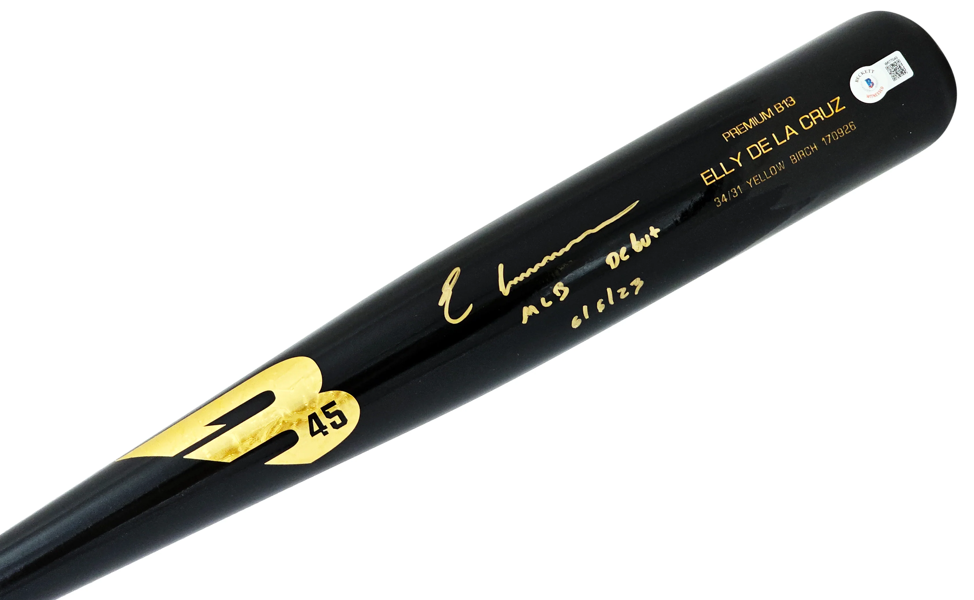 Elly De La Cruz Autographed Black B45 Player Model Bat Cincinnati Reds "MLB Debut 6/6/23" Beckett BAS Witness Stock #218704 - Image 2