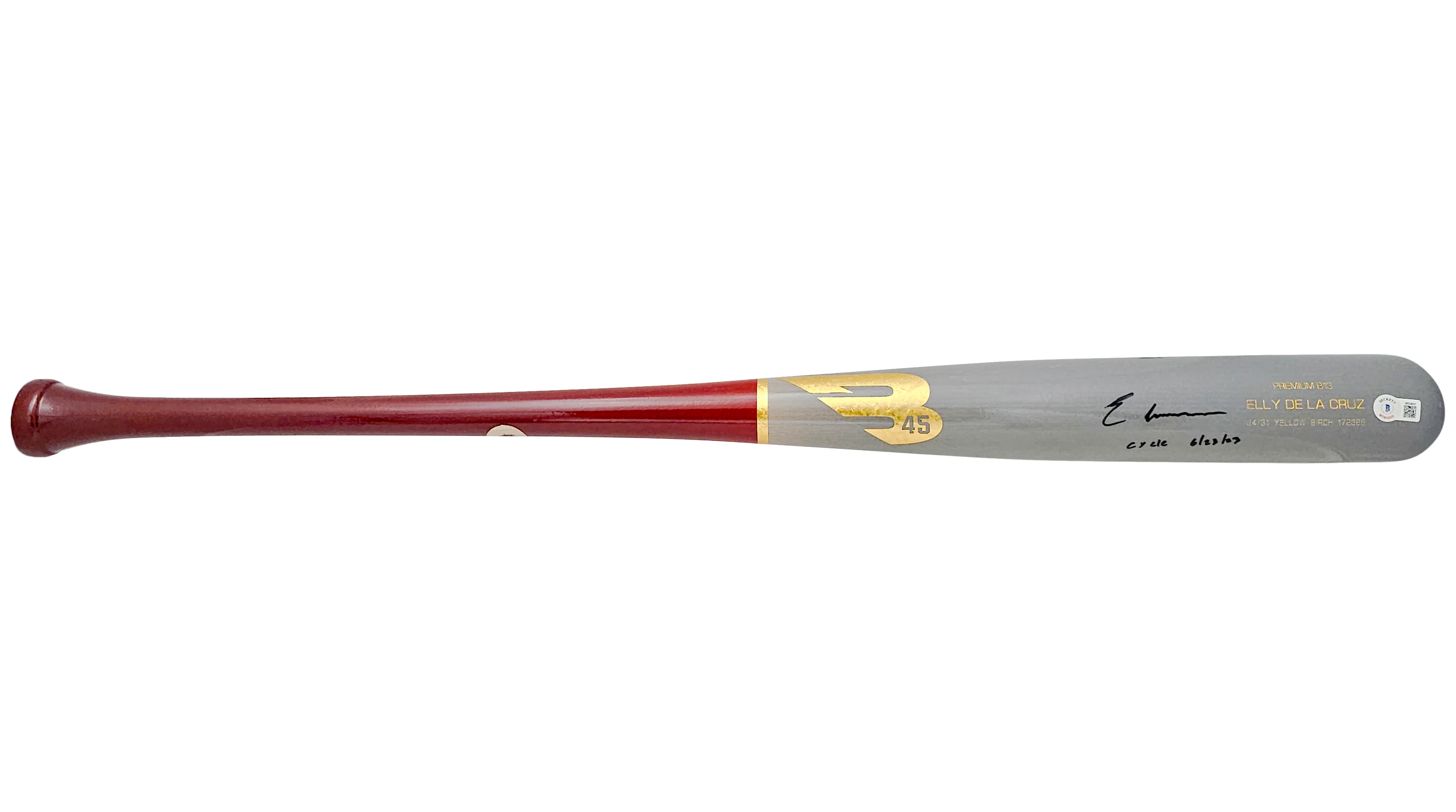 Elly De La Cruz Autographed Gray B45 Player Model Bat Cincinnati Reds "Cycle 6/23/23" Beckett BAS Witness Stock #220221 - Image 3