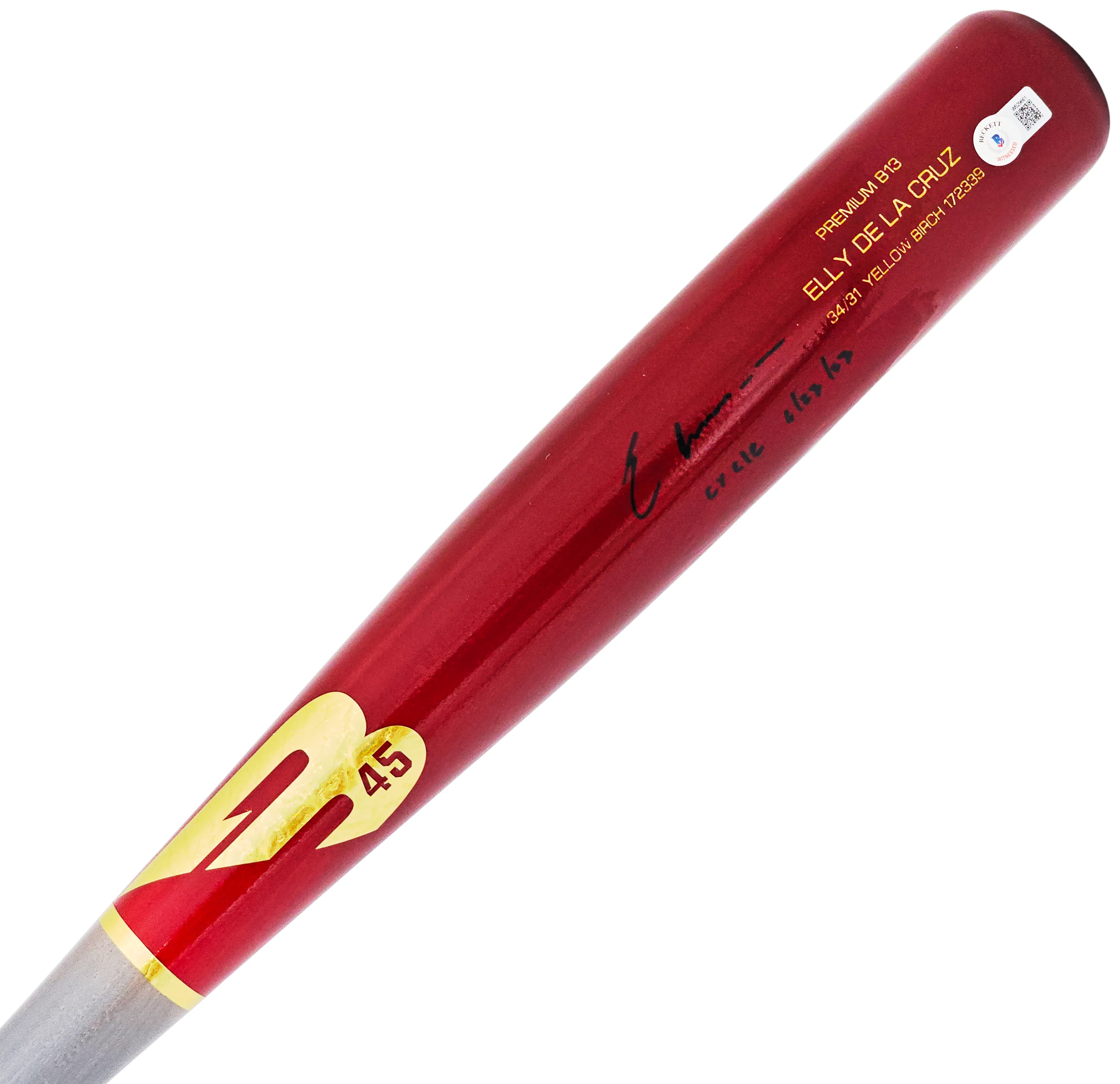 Elly De La Cruz Autographed Red B45 Player Model Bat Cincinnati Reds "Cycle 6/23/23" Beckett BAS Witness Stock #220218 - Image 2