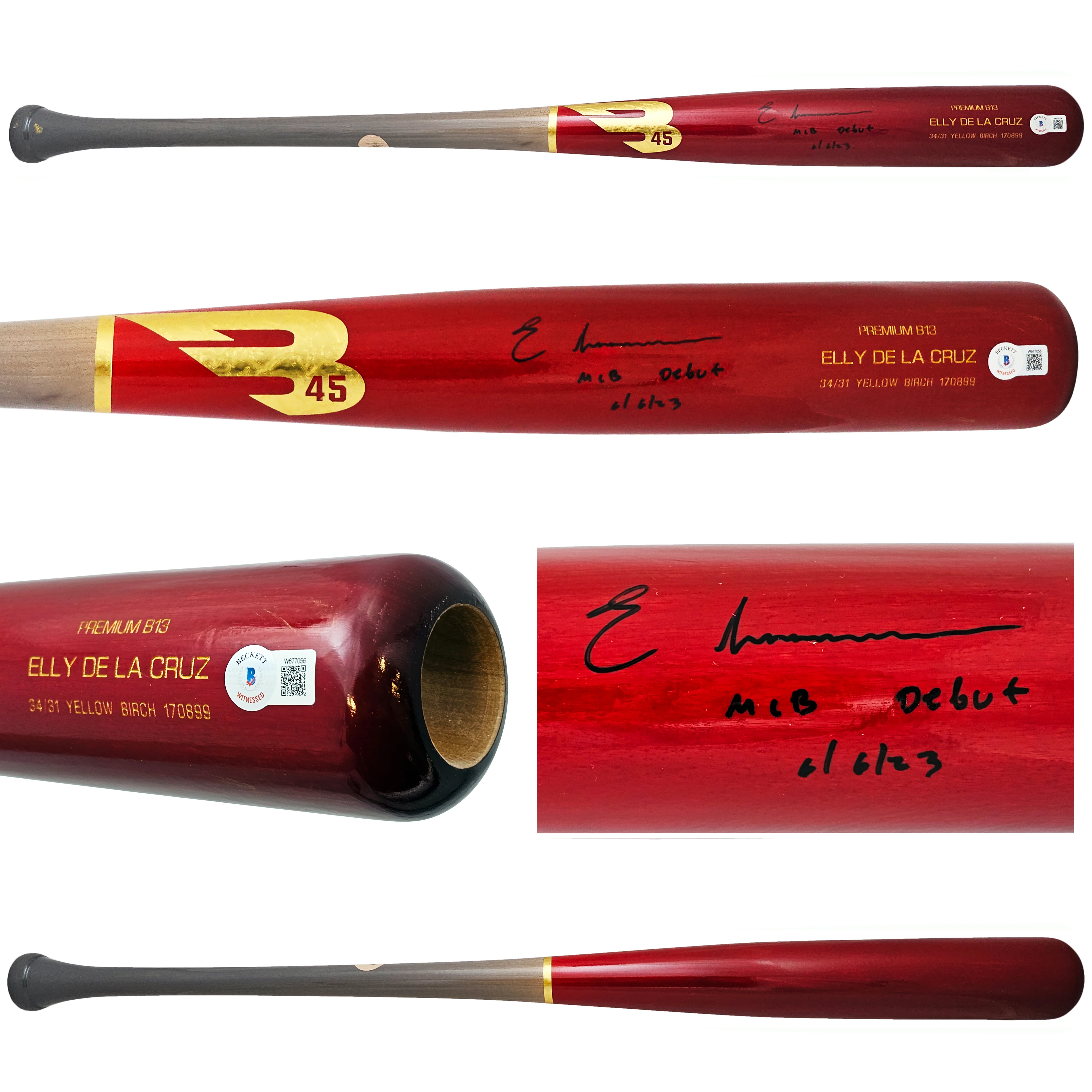 Elly De La Cruz Autographed Red B45 Player Model Bat Cincinnati Reds "MLB Debut 6/6/23" Beckett BAS Witness Stock #218703