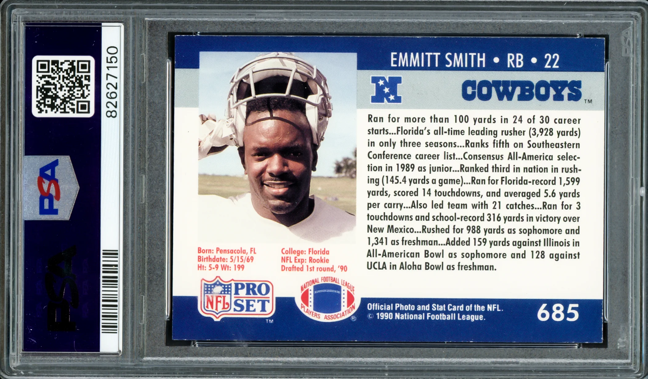 Emmitt Smith Autographed 1990 Pro Set Rookie Card #685 Dallas Cowboys PSA 8 PSA/DNA #82627150 - Image 2