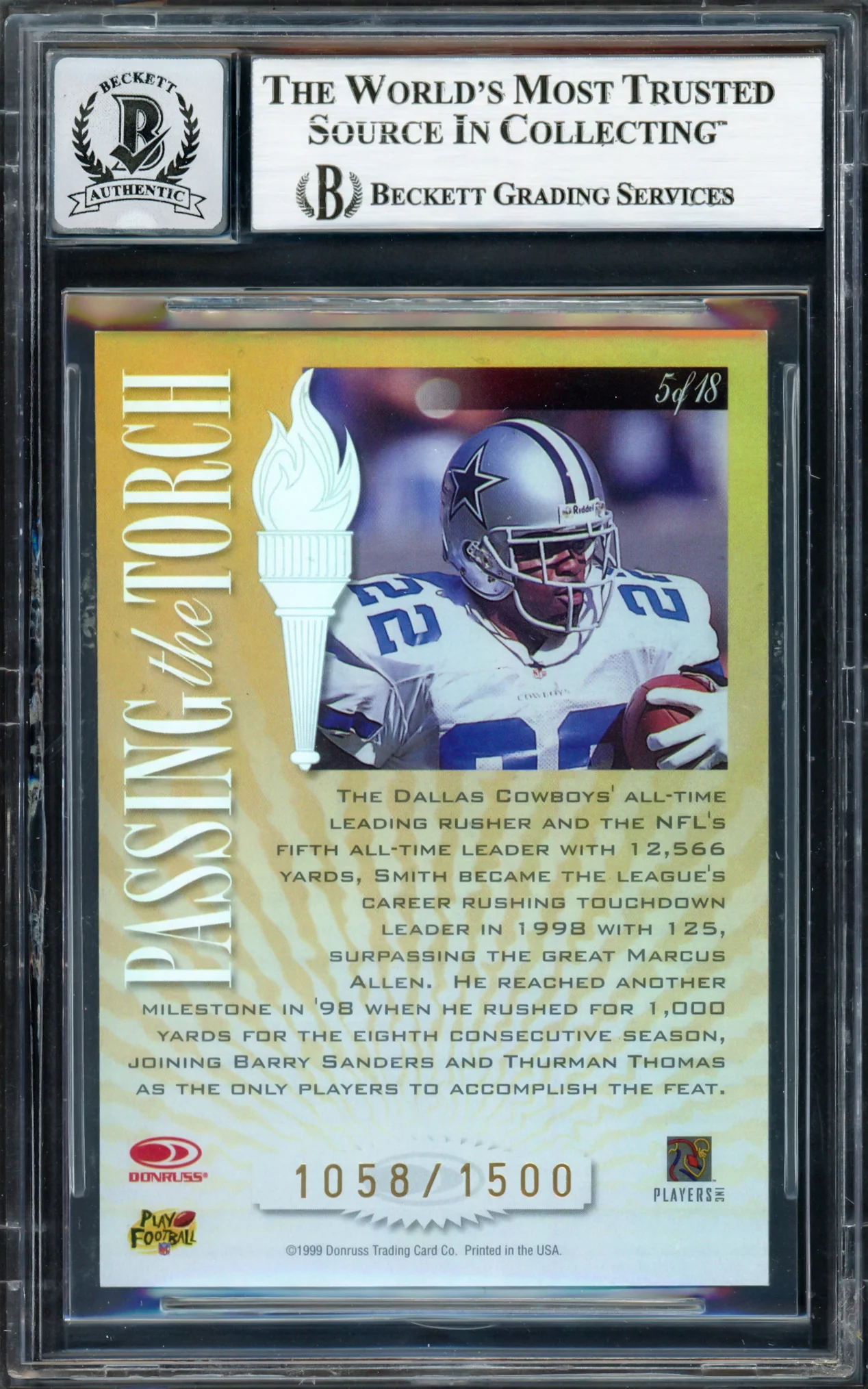 Emmitt Smith Autographed 1999 Donruss Elite Passing the Torch Card #5B Dallas Cowboys Auto Grade Gem Mint 10 #1058/1500 Beckett BAS #16898209 - Image 2