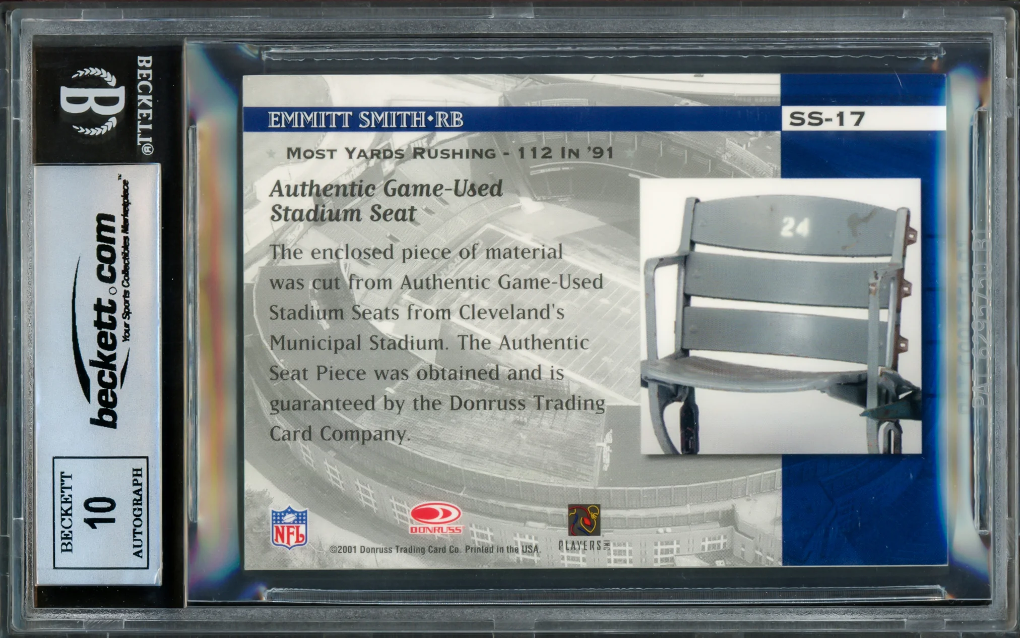 Emmitt Smith Autographed 2001 Donruss Classics Stadium Stars Card #SS17 Dallas Cowboys Auto Grade Gem Mint 10 With Stadium Seat Relic Beckett BAS #16898027 - Image 2
