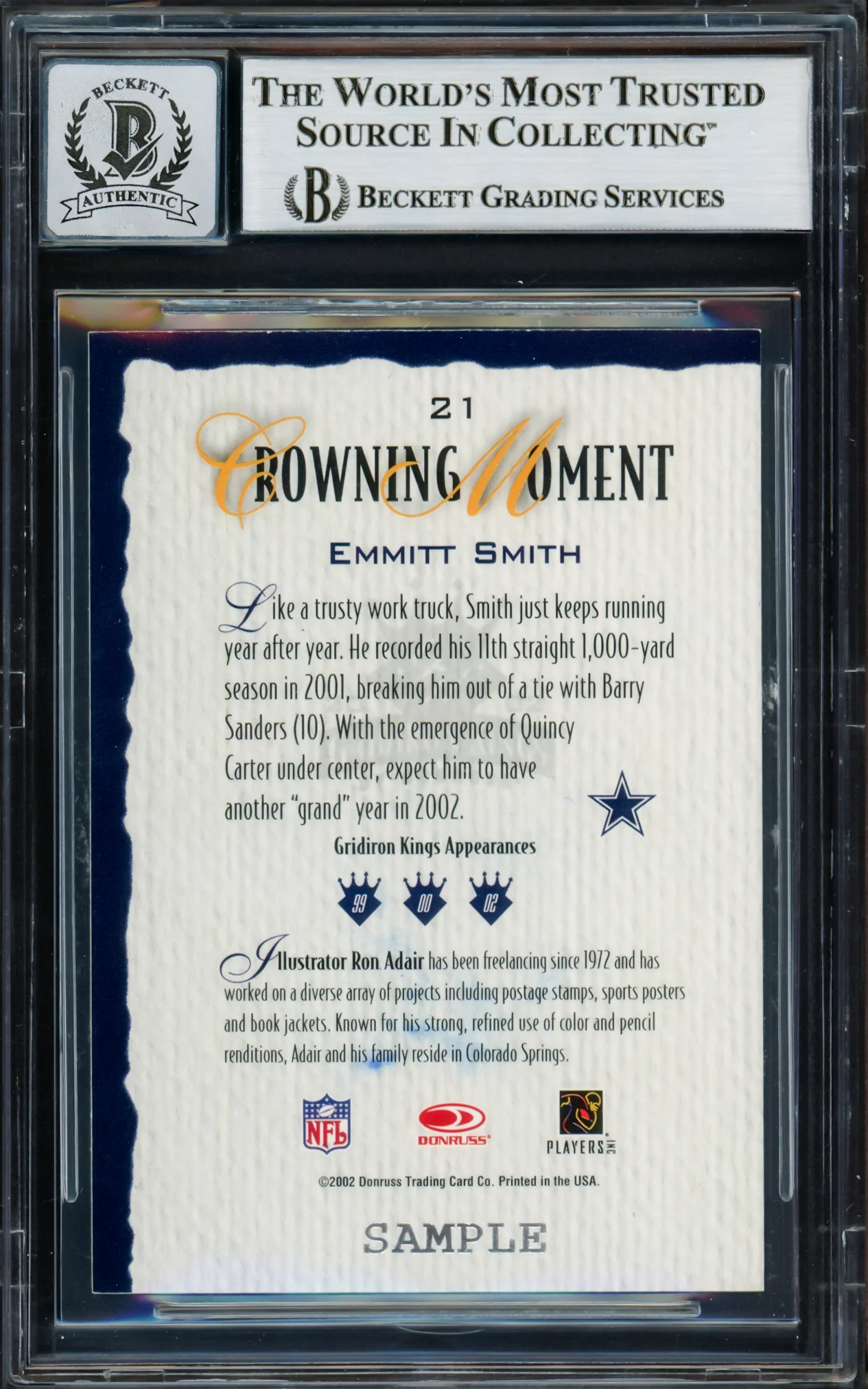 Emmitt Smith Autographed 2002 Donruss Gridiron Kings Samples Card #21 Dallas Cowboys Auto Grade Gem Mint 10 Beckett BAS #16898202 - Image 2