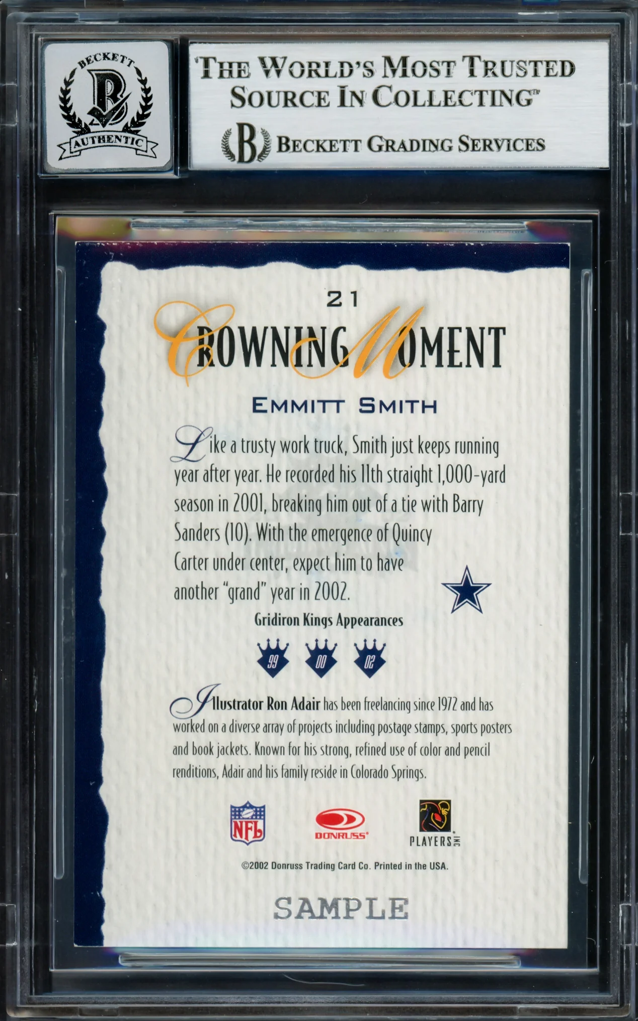 Emmitt Smith Autographed 2002 Donruss Gridiron Kings Samples Card #21 Dallas Cowboys Auto Grade Gem Mint 10 Beckett BAS #16898203 - Image 2