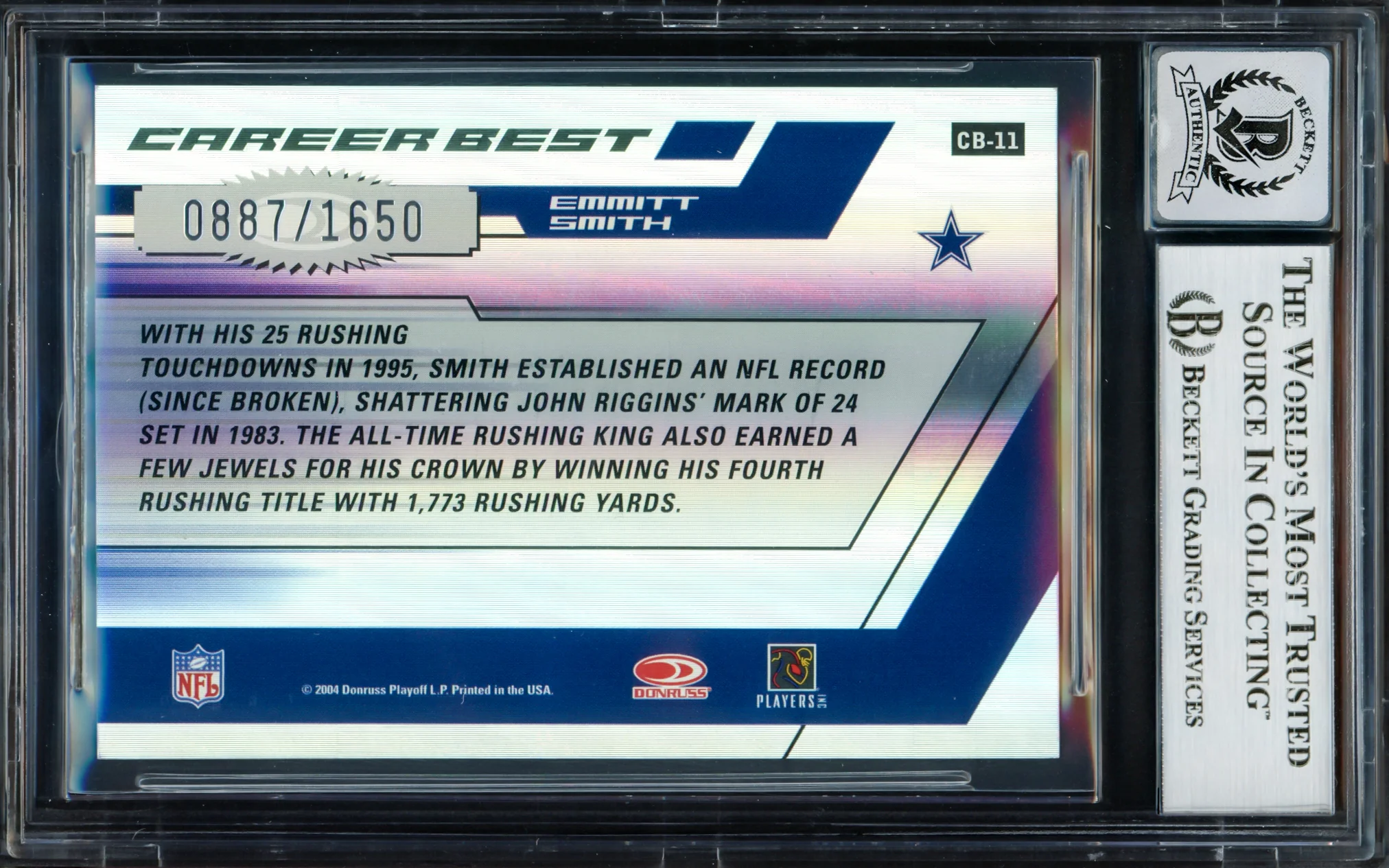 Emmitt Smith Autographed 2004 Donruss Elite Career Best Card #CB11 Dallas Cowboys Auto Grade Gem Mint 10 #887/1650 Beckett BAS #16891564 - Image 2
