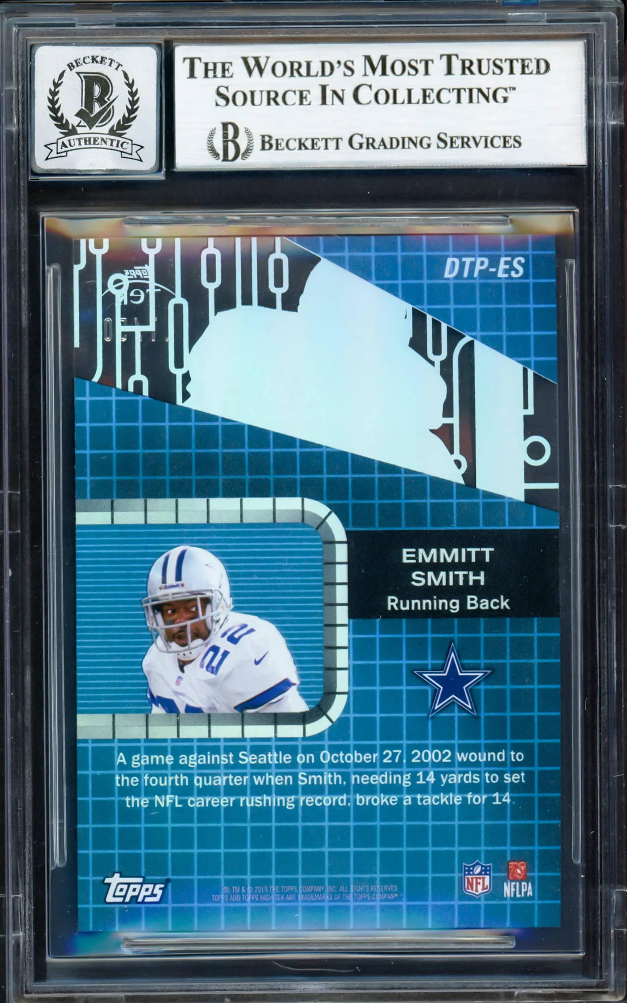 Emmitt Smith Autographed 2015 Topps High Tek Drama Tek Performers Card #DTPES Dallas Cowboys Auto Grade Gem Mint 10 #17/50 Beckett BAS #16898034 - Image 2