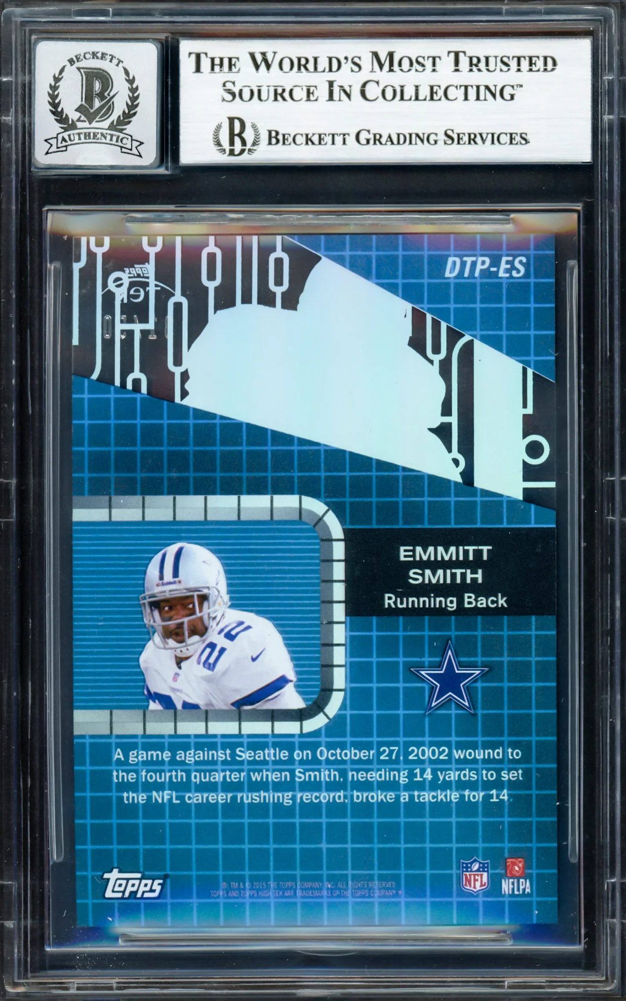 Emmitt Smith Autographed 2015 Topps High Tek Drama Tek Performers Card #DTPES Dallas Cowboys Auto Grade Gem Mint 10 #31/50 Beckett BAS #16898035 - Image 2