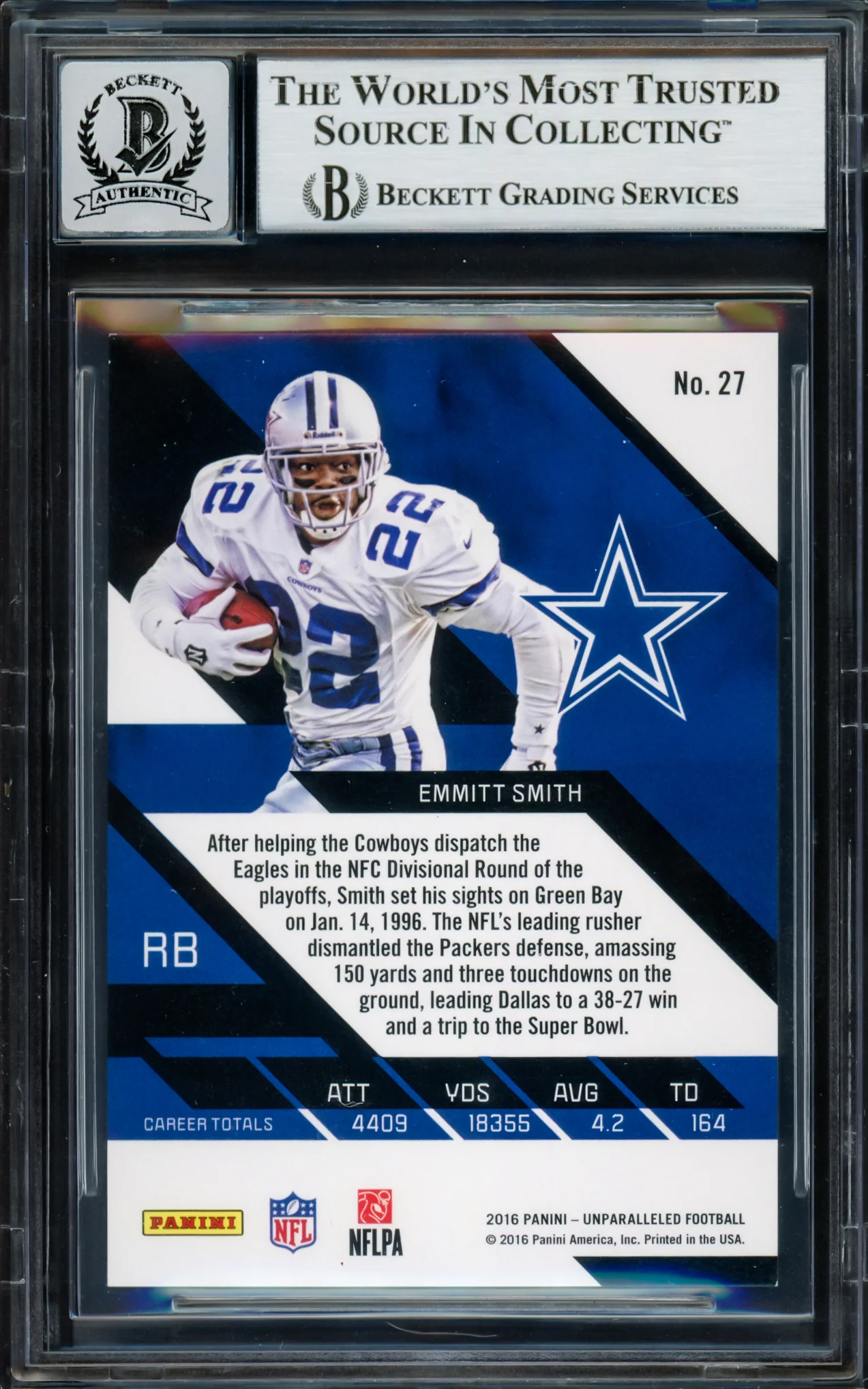 Emmitt Smith Autographed 2016 Panini Unparalleled Orange Card #27 Dallas Cowboys Auto Grade Gem Mint 10 #75/99 Beckett BAS #16898210 - Image 2