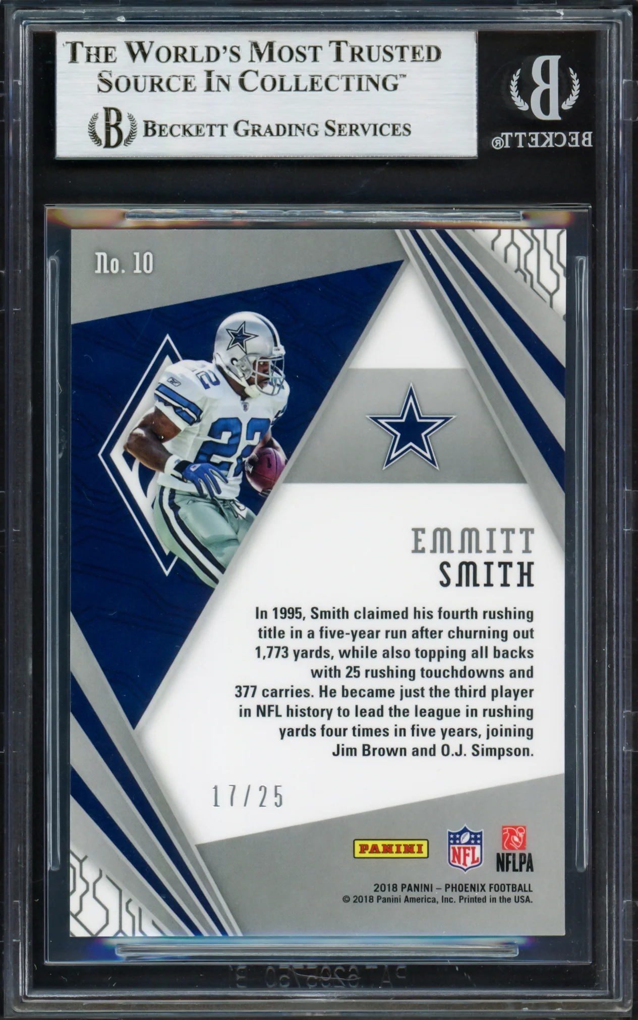 Emmitt Smith Autographed 2018 Panini Phoenix Unmatched Yellow Card #10 Dallas Cowboys #17/25 Beckett BAS #16901360 - Image 2
